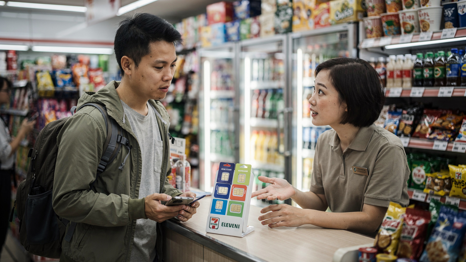 一名亞洲男性旅客在香港便利店櫃檯，店員正在向他解釋不同實體SIM卡的套餐選項，周圍是琳瑯滿目的零食和飲料。