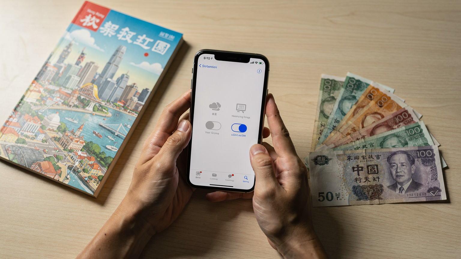 一雙亞洲人的手拿著iPhone，屏幕上清晰顯示著eSIM的設置界面，旁邊放著一本香港旅遊指南和幾張港幣紙鈔。