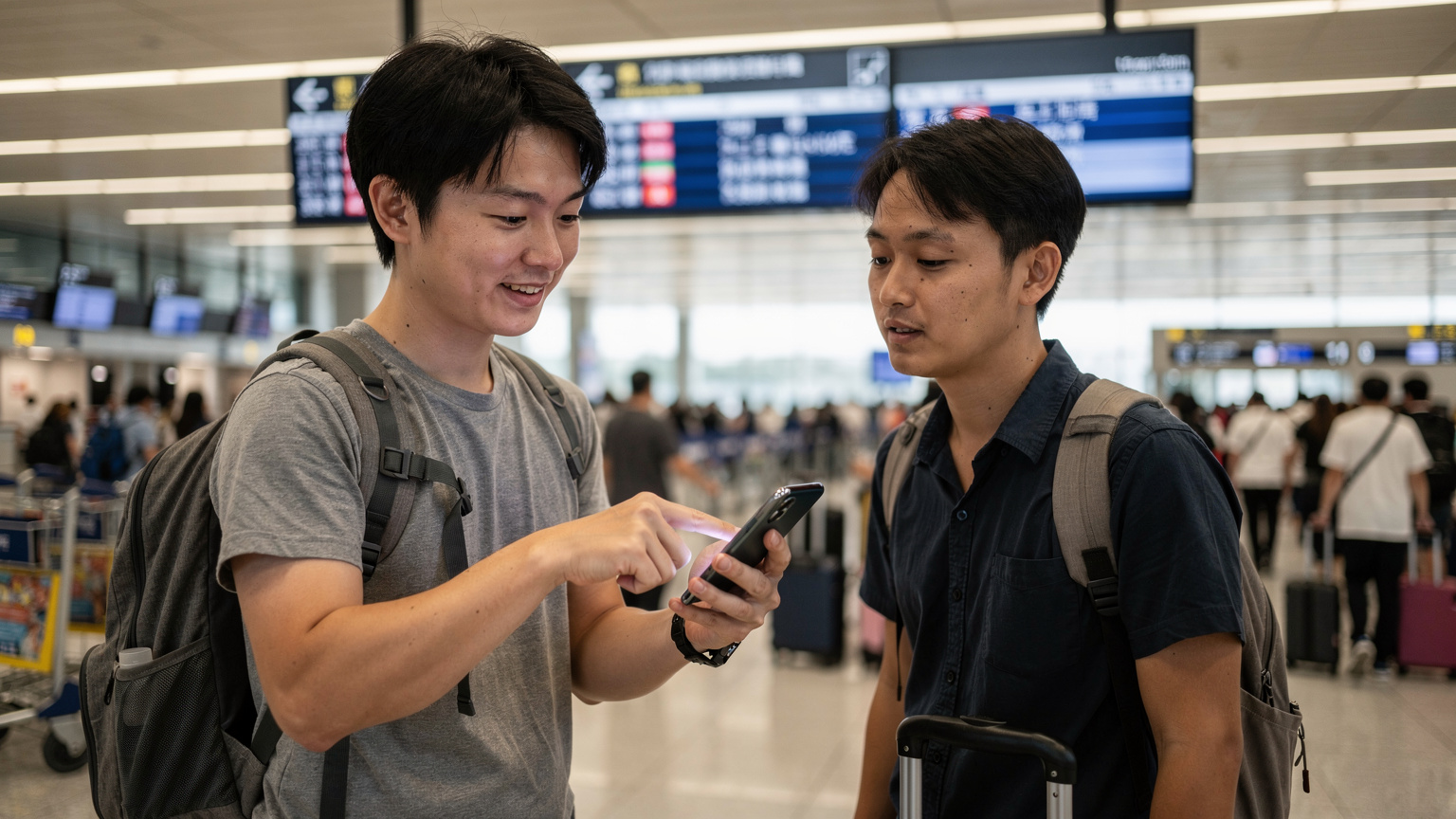 桃園国際空港の到着ロビーで、スマホの画面を指差しながらeSIMの設定方法を説明している日本人旅行者。背後には案内板と行き交う人々が見える。