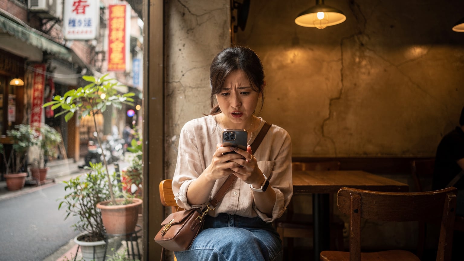 台北市内の路地裏にある小さなカフェで、スマホの電波が繋がらず困った表情で画面を見つめる日本人旅行者。