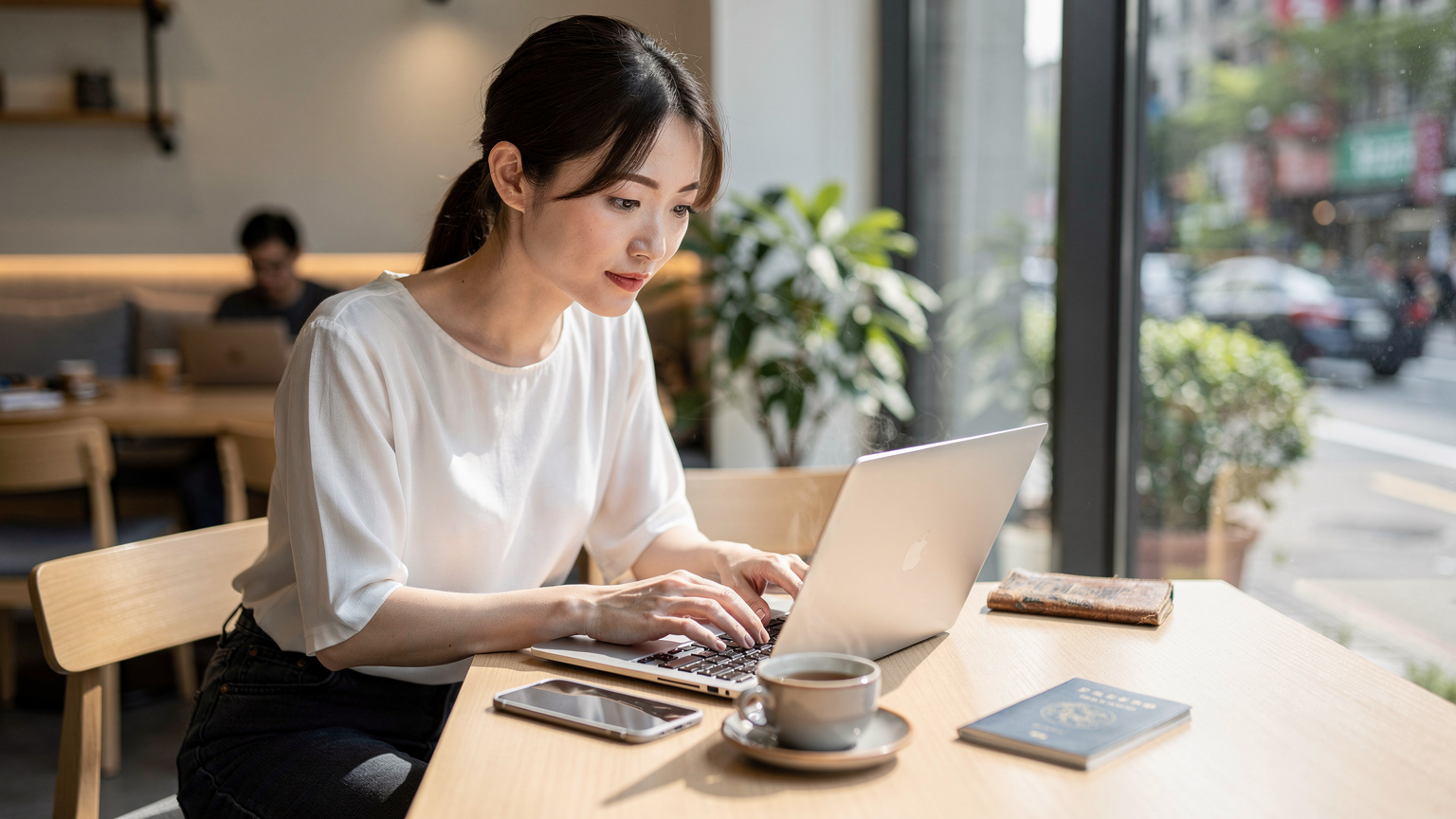 台北市内のカフェでノートPCとスマホを使い、集中して仕事をするアジア系女性のデジタルノマド。隣には台湾茶のカップと使い込まれたパスポートが置かれている。