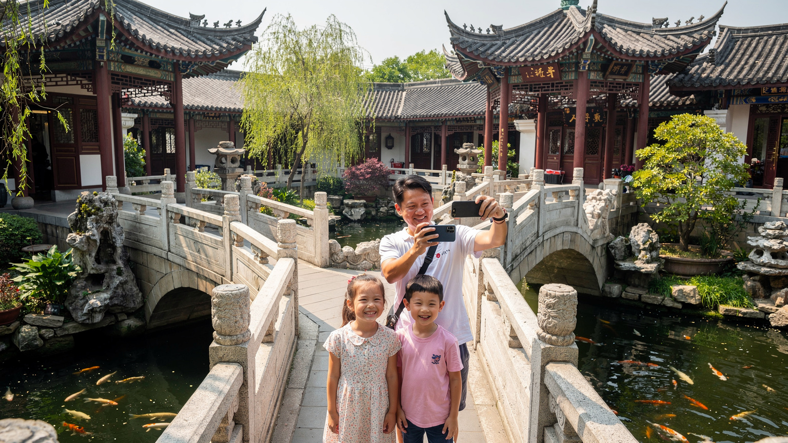 一個爸爸和孩子們在上海豫園的九曲橋上, 爸爸正在用手機給他們拍照, 孩子們笑容燦爛。