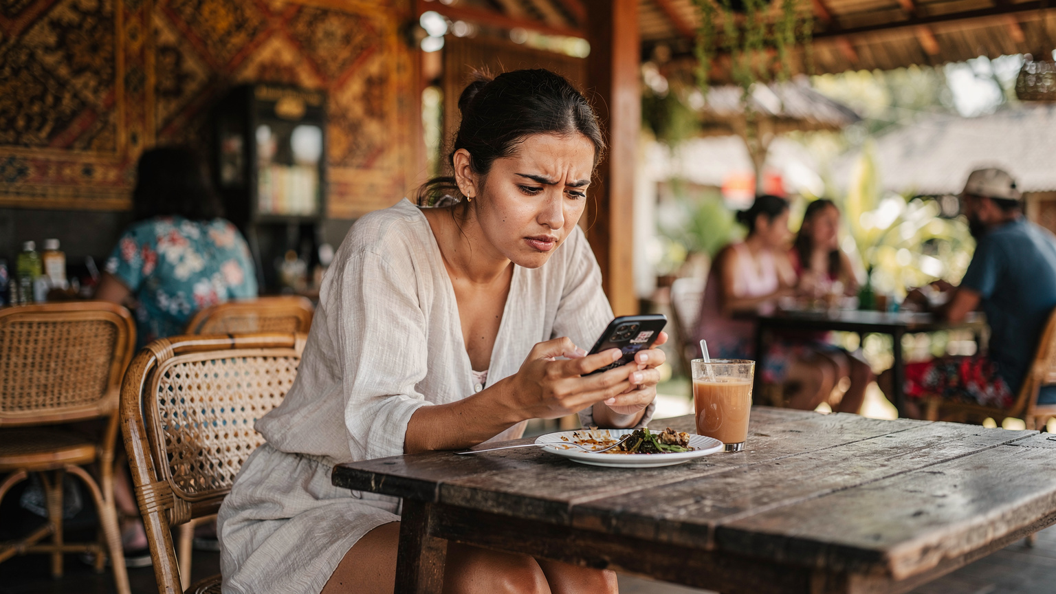 Endonezya'nın Bali adasında, Seminyak'taki bir warung'da, telefonunda eSIM kurulumu yapmaya çalışan bir dijital göçebe.