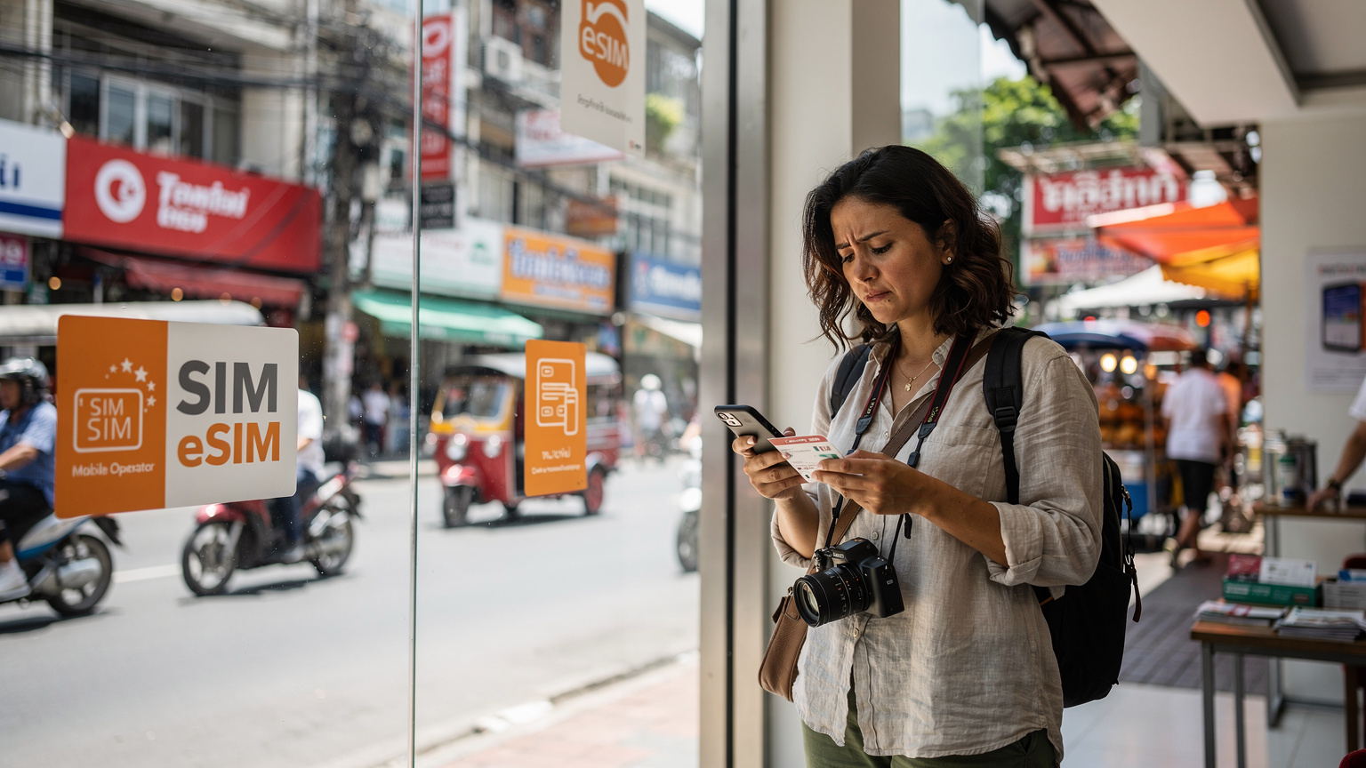 Bangkok'ta bir mobil operatör mağazasının önünde, eSIM ve yerel SIM seçeneklerini değerlendiren bir gezgin.