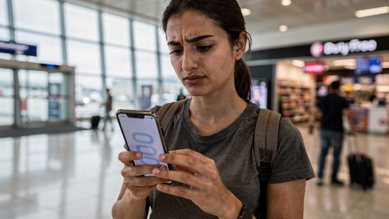İstanbul Havalimanı'nda, pasaport kontrolünden sonra telefonundan manuel operatör seçimi yapan bir gezgin.