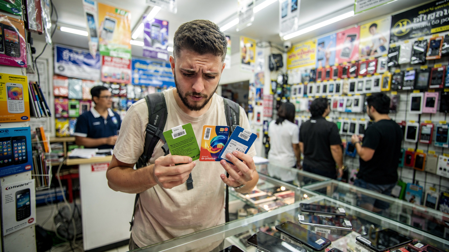 מטייל ישראלי מתלבט בין מגוון חבילות SIM פיזיות של ספקים שונים בחנות סלולר עמוסה בבנגקוק, עם תאורה חזקה ושלטי פרסום צבעוניים.