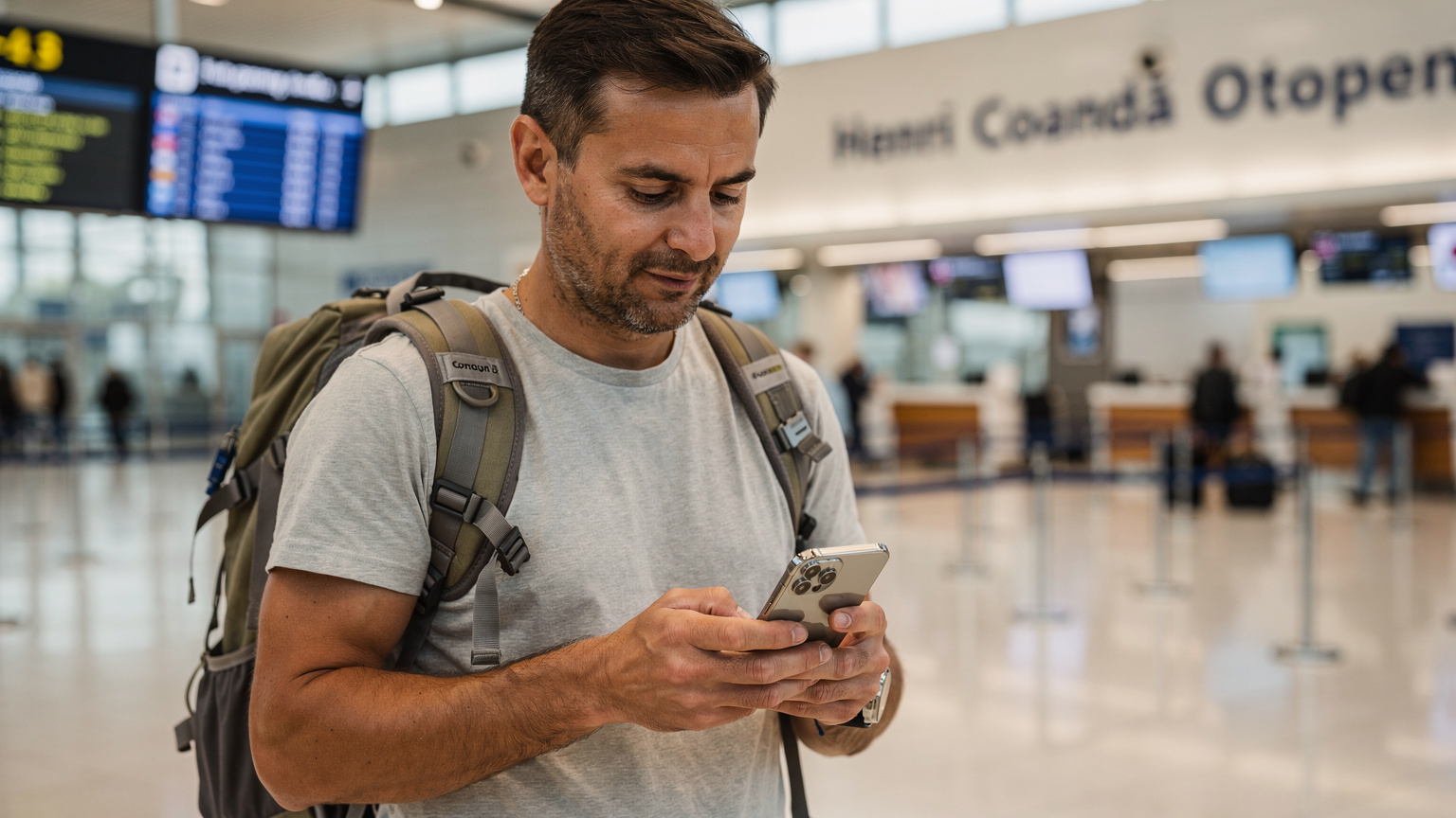 Un călător, cu un rucsac de călătorie, verificând setările iPhone-ului în zona de plecări a Aeroportului Henri Coandă Otopeni din București, asigurându-se că este pregătit pentru activarea eSIM înainte de zborul internațional.