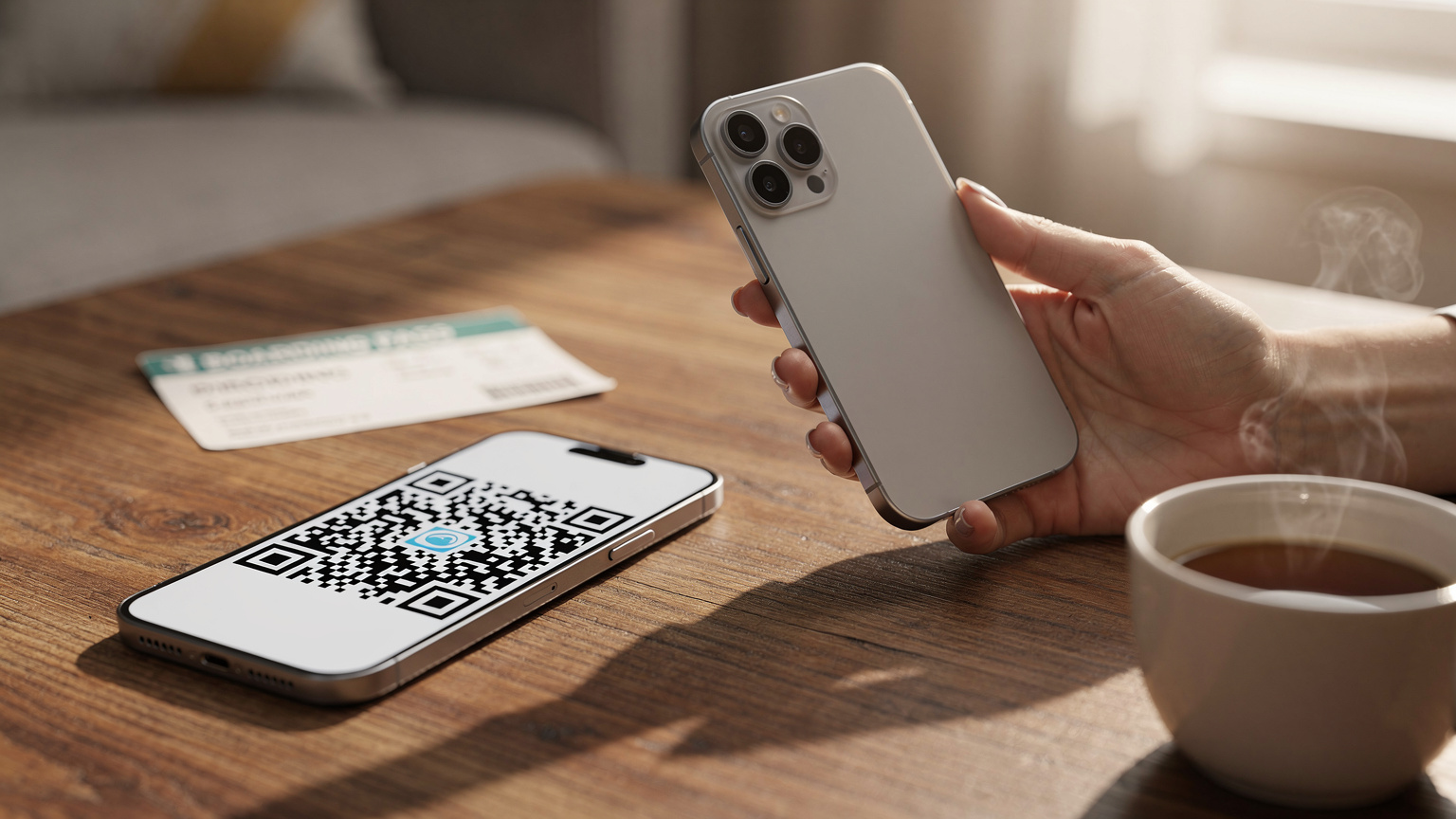 O mână de femeie scanează un cod QR de activare eSIM de pe un alt telefon, pe ecranul unui iPhone 17, cu o ceașcă de cafea și un bilet de avion pe o masă din lemn, acasă, înainte de a pleca în vacanță.