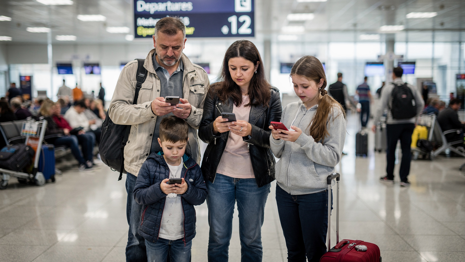 O familie română, părinți și doi copii (aproximativ 8 și 10 ani), stând într-o zonă aglomerată din Aeroportul Otopeni din București, cu telefoanele în mână, încercând să se conecteze la internet, cu expresii de frustrare vizibile pe fețele lor.