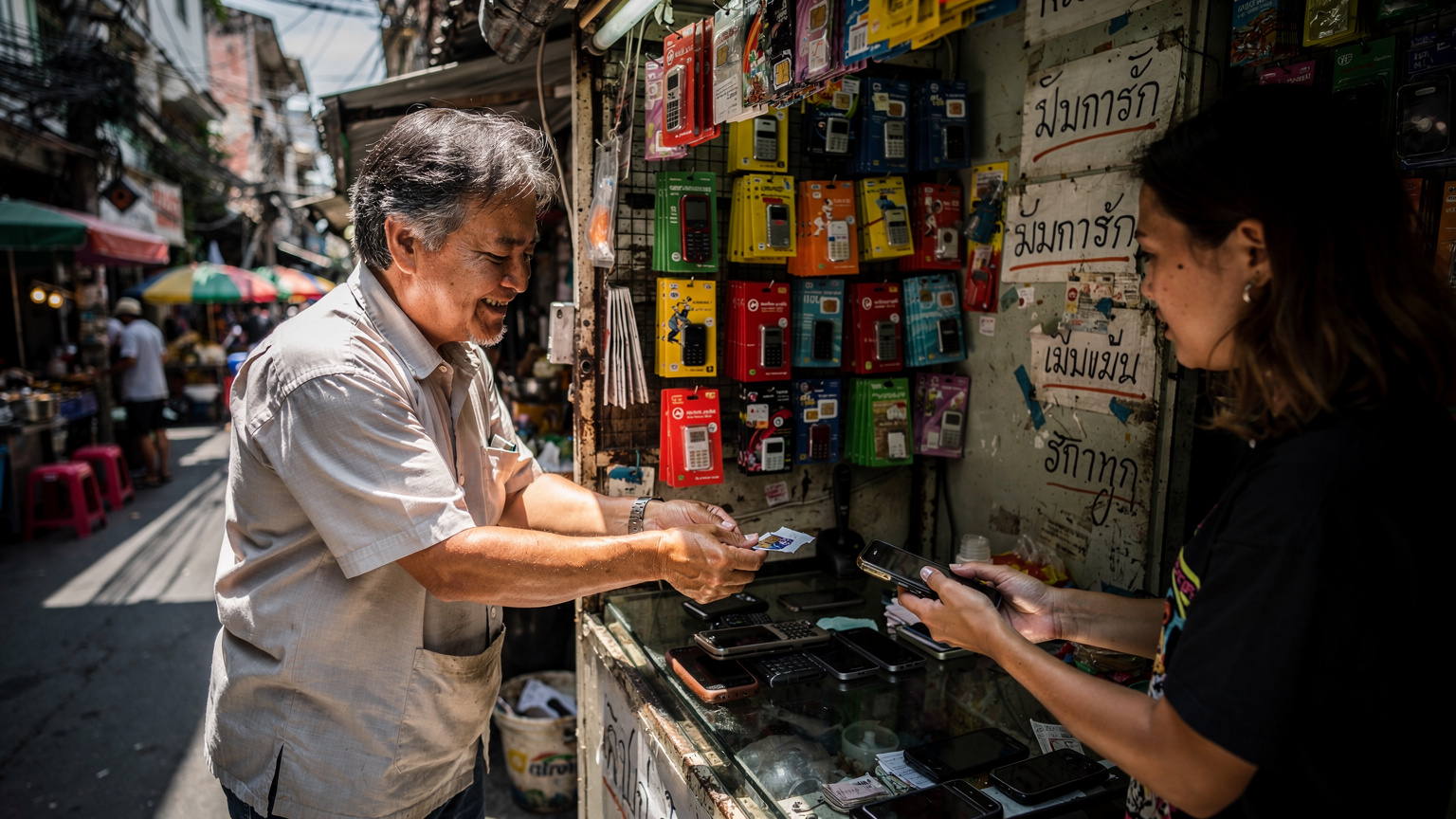 Een lokale verkoper in een kleine, rommelige kiosk in een drukke steeg in Bangkok overhandigt een fysieke SIM-kaart aan een toerist, met veel kleurrijke SIM-kaarten en oude telefoons op planken achter de toonbank.
