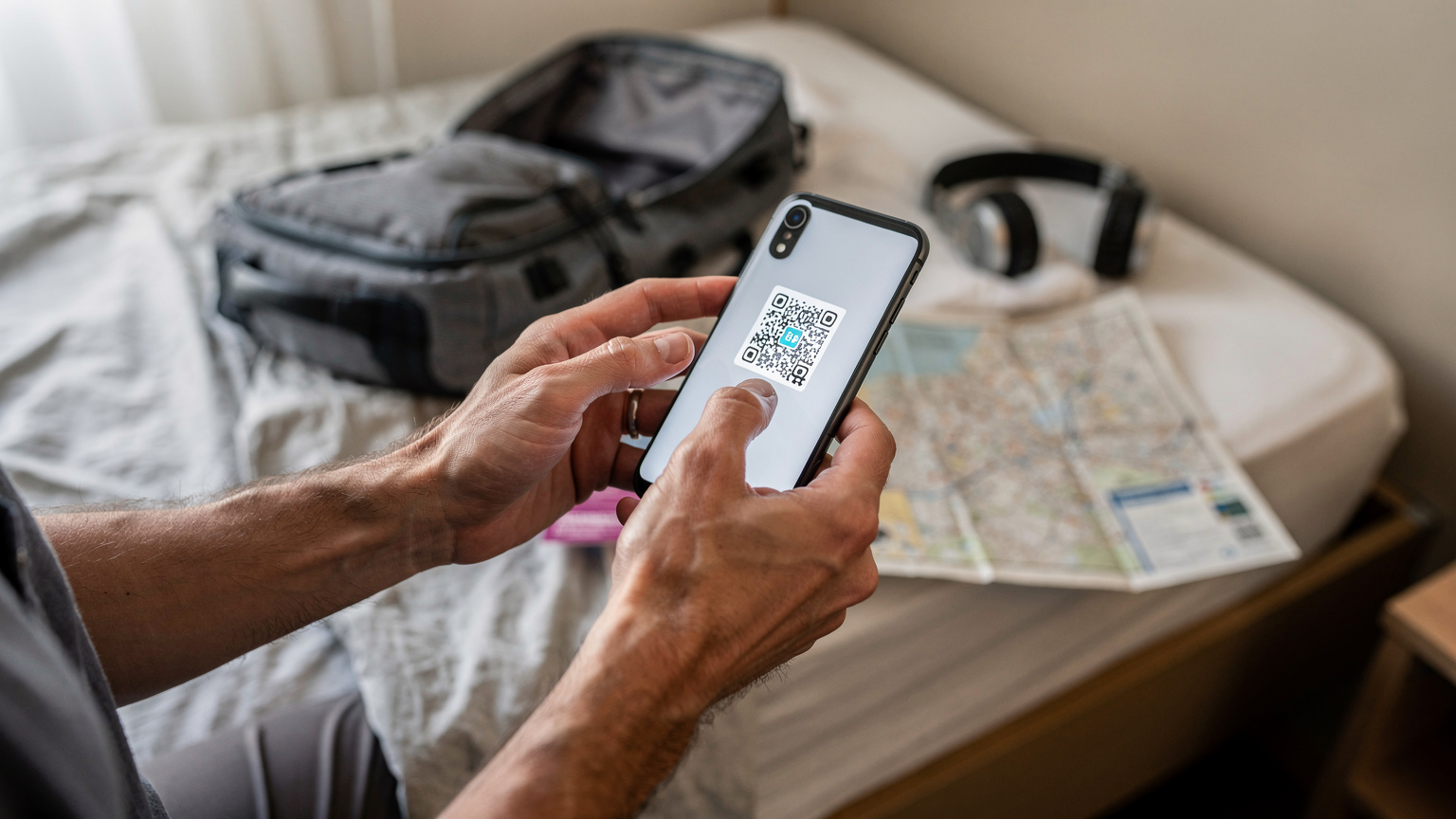 Close-up van handen van een reiziger die een QR-code op een informatiescherm scant met een smartphone om een eSIM te activeren, met een rugzak en landkaart op de achtergrond die op een hostelbed liggen.
