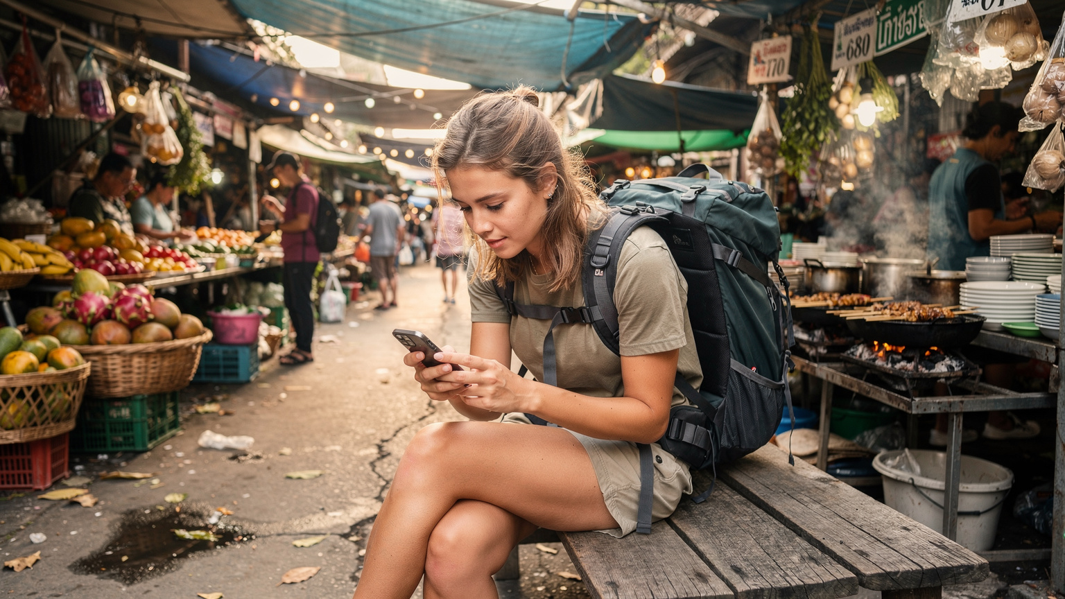 Een jonge vrouw met een backpack zit op een bankje in een drukke Thaise markt, haar telefoon in de hand, aandachtig bezig met het vergelijken van eSIM-prijzen en datalimieten.