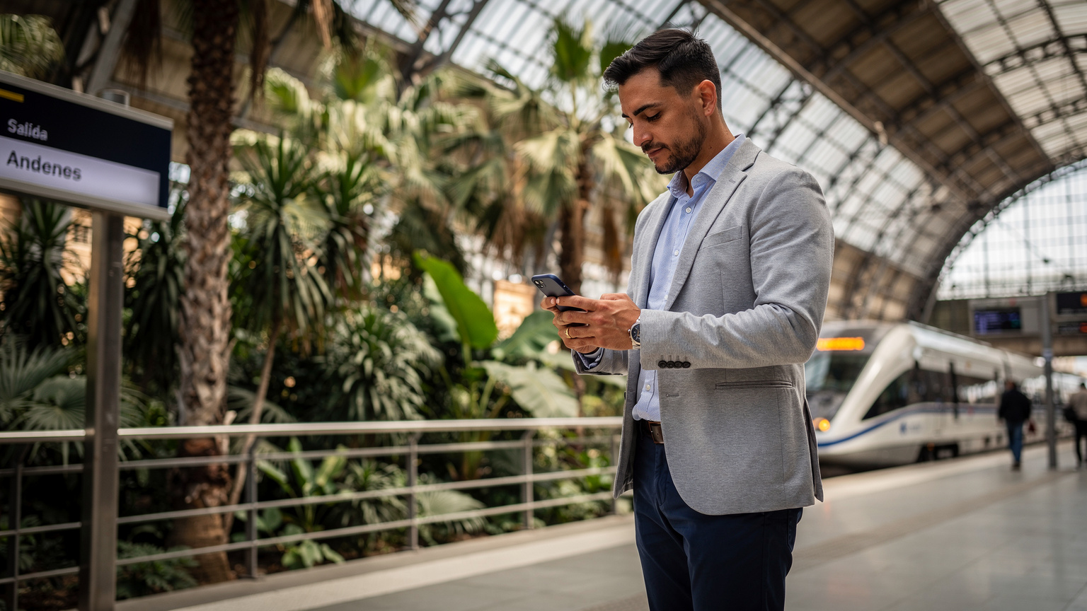 Un călător folosește o aplicație de transport public pe telefonul său, în timp ce așteaptă un tren la gara Atocha din Madrid, cu arhitectura impresionantă a gării în fundal.