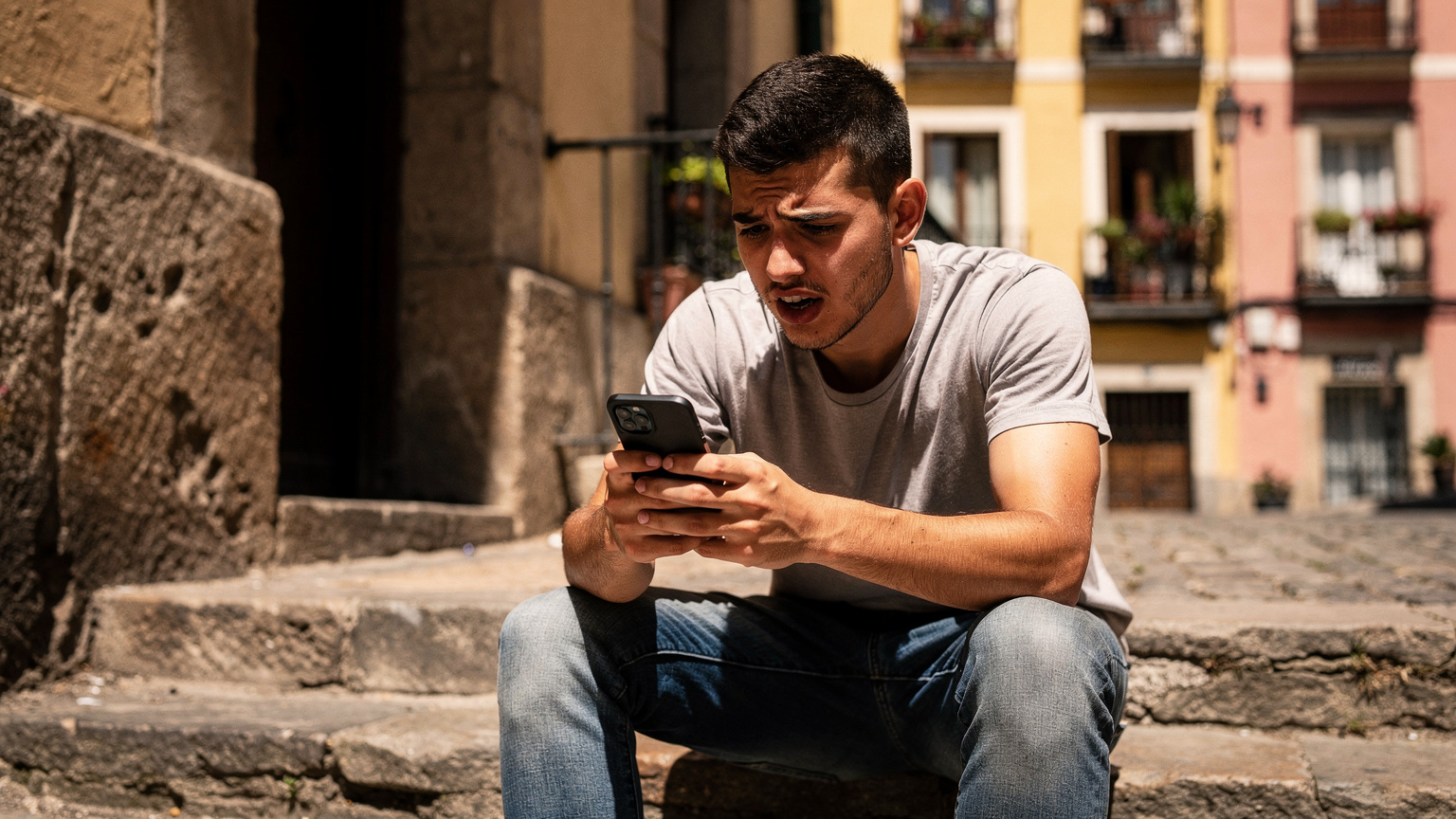 Un bărbat tânăr, cu o expresie îngrijorată, privește ecranul telefonului său, afișând o notificare de consum de date, în timp ce stă pe treptele unei clădiri vechi din cartierul La Latina, Madrid.
