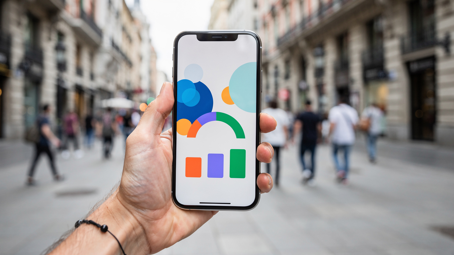 Un telefon mobil afișează o interfață simplă de monitorizare a consumului de date, cu un indicator vizual al utilizării, ținut într-o mână, cu o vedere neclară a unui trotuar aglomerat din Madrid în fundal.