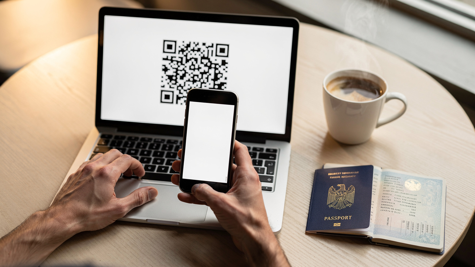 Mână apropiată a unei persoane care scanează un cod QR de pe un laptop cu un iPhone, cu o cafea și un pașaport deschis pe masă, sugerând pregătirea pentru o călătorie.