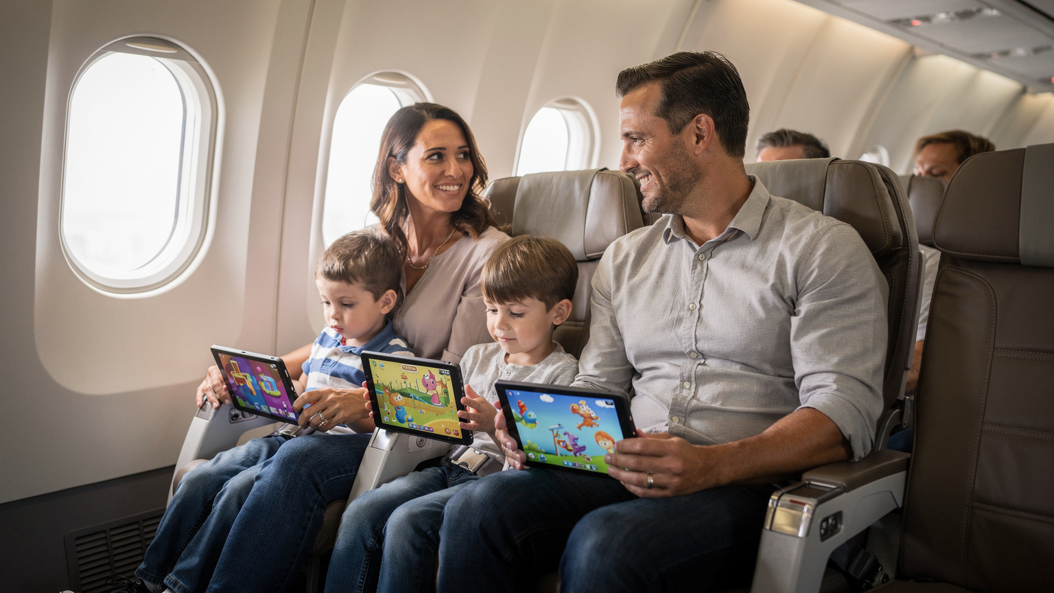 Uma família, pai, mãe e duas crianças, sentados confortavelmente num avião. As crianças estão entretidas com tablets, mostrando conteúdo de filmes infantis pré-carregados, enquanto os pais sorriem um para o outro, relaxados.