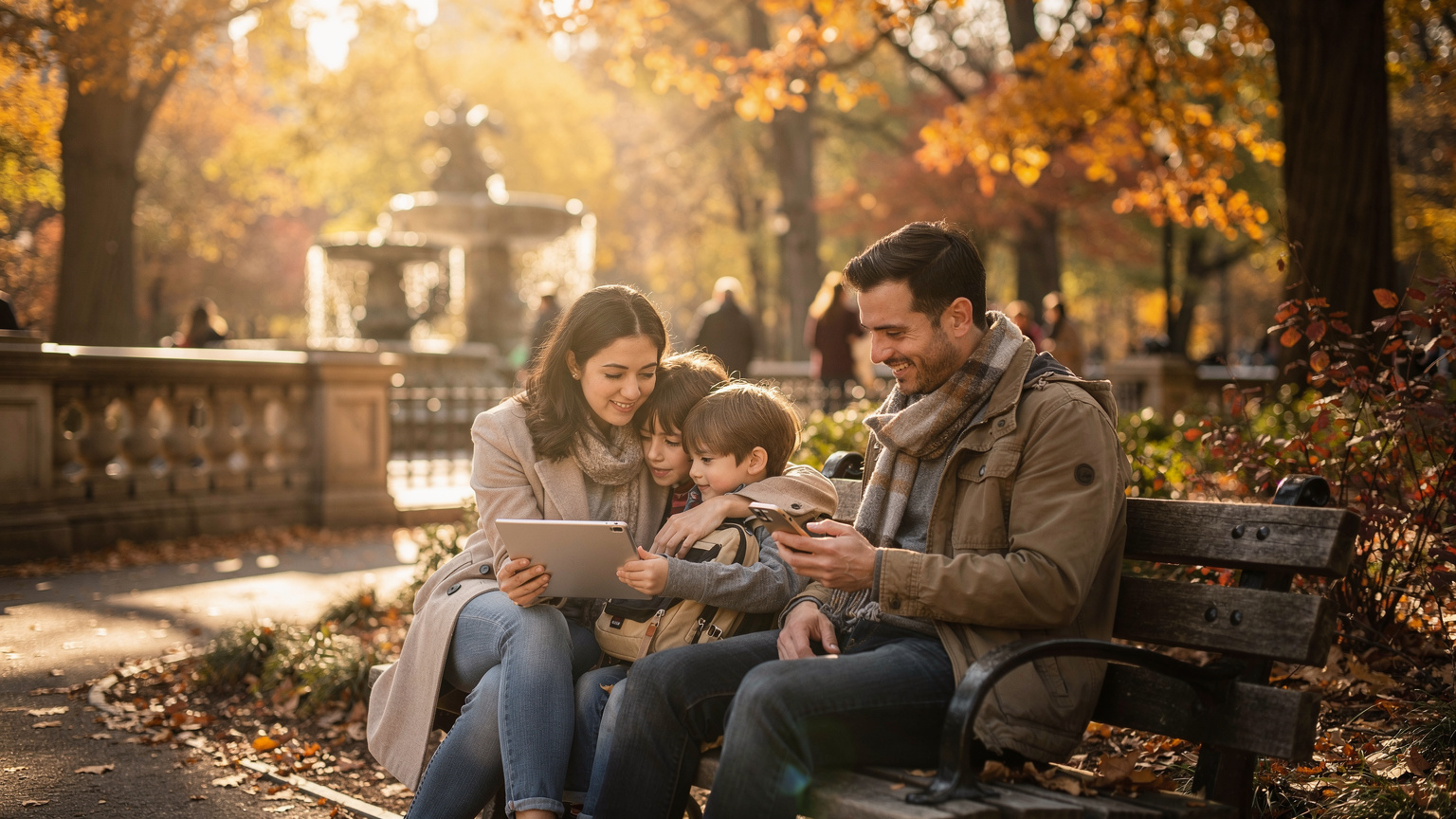 Uma família, pais e duas crianças, sentados num banco no Central Park em Nova Iorque, a consultar um tablet e um smartphone com sorrisos, desfrutando de uma tarde ensolarada de outono.