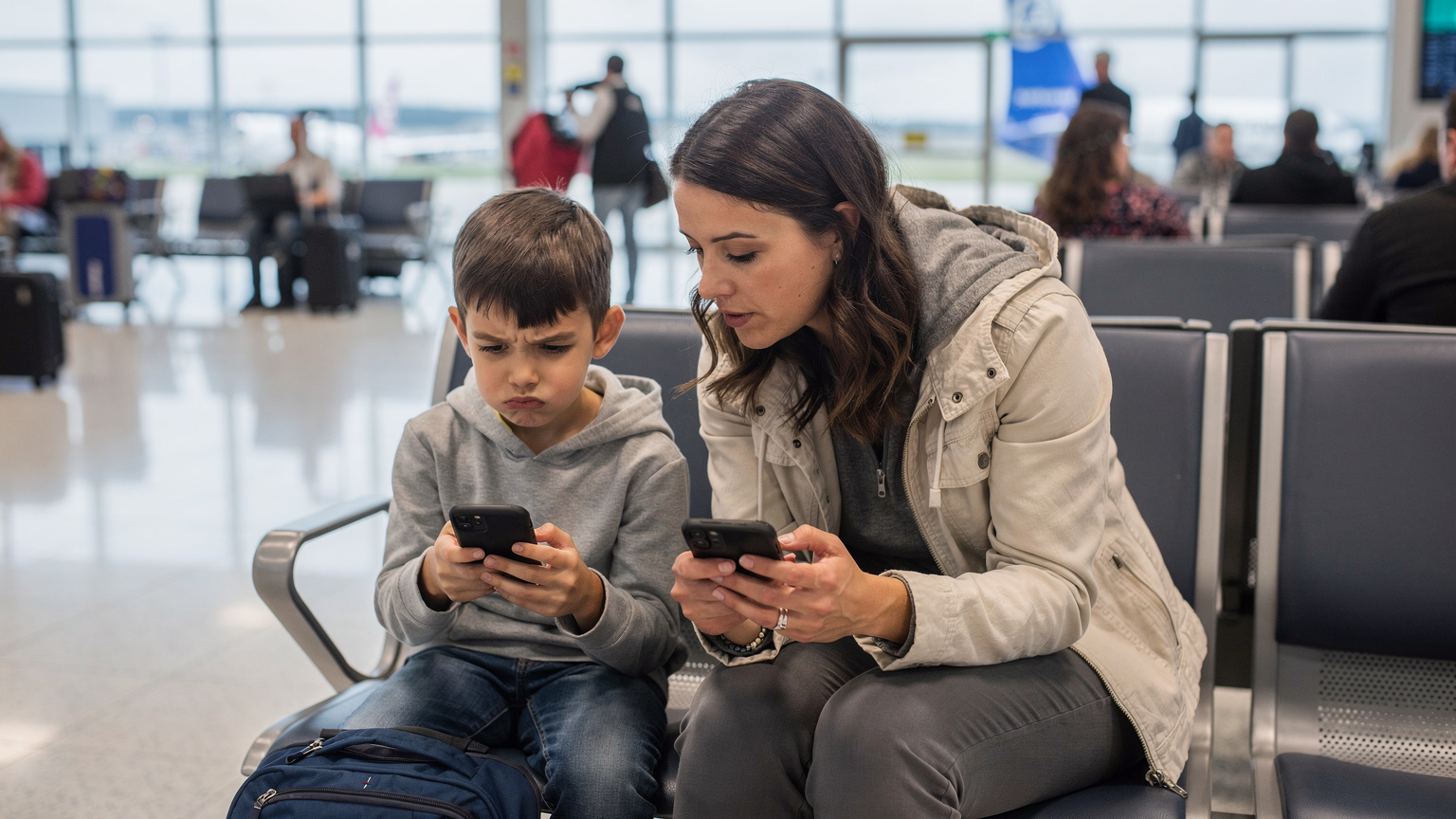 Uma mulher jovem e um rapaz sentados lado a lado numa área de espera de um aeroporto movimentado. O rapaz olha para o seu smartphone com uma expressão de frustração, enquanto a mulher, no seu próprio telemóvel, parece estar a tentar resolver um problema, possivelmente relacionado com a conectividade ou dados esgotados.