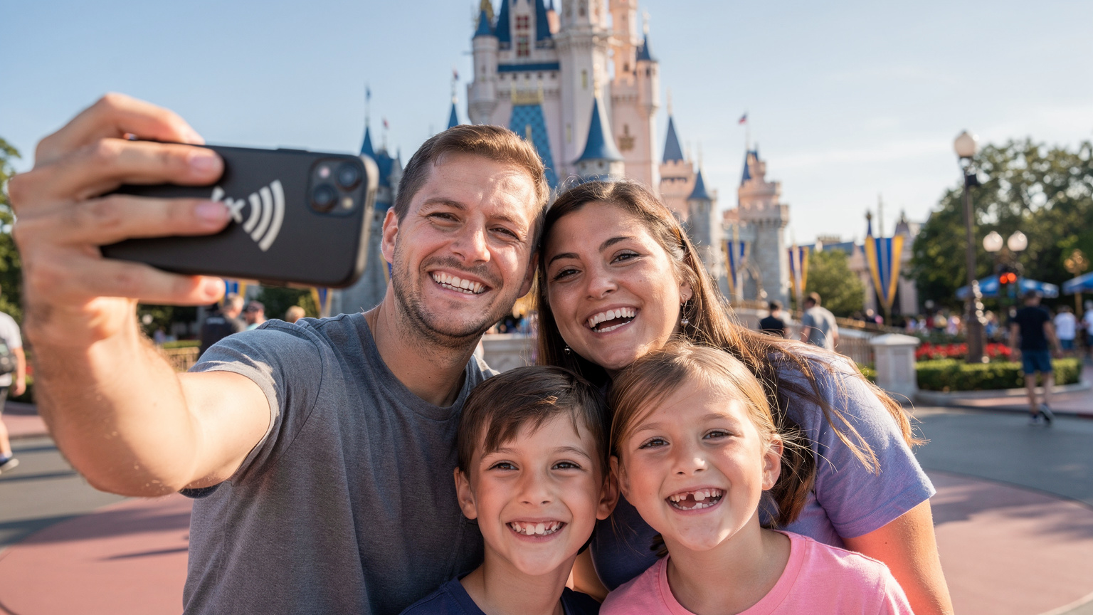 Uma família de quatro pessoas, pais e duas crianças, tira uma selfie alegre em frente ao icónico Castelo da Cinderela na Disney World, na Flórida. O pai segura o smartphone, que exibe claramente uma boa receção de rede.