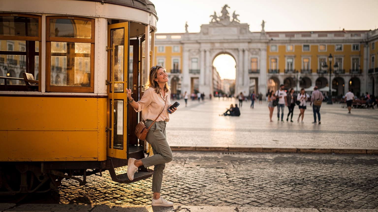 Uma mulher sorridente, com cabelos castanhos claros e óculos de sol na cabeça, segura um smartphone enquanto desce de um elétrico amarelo vintage na Praça do Comércio, em Lisboa, com o Arco da Rua Augusta ao fundo.