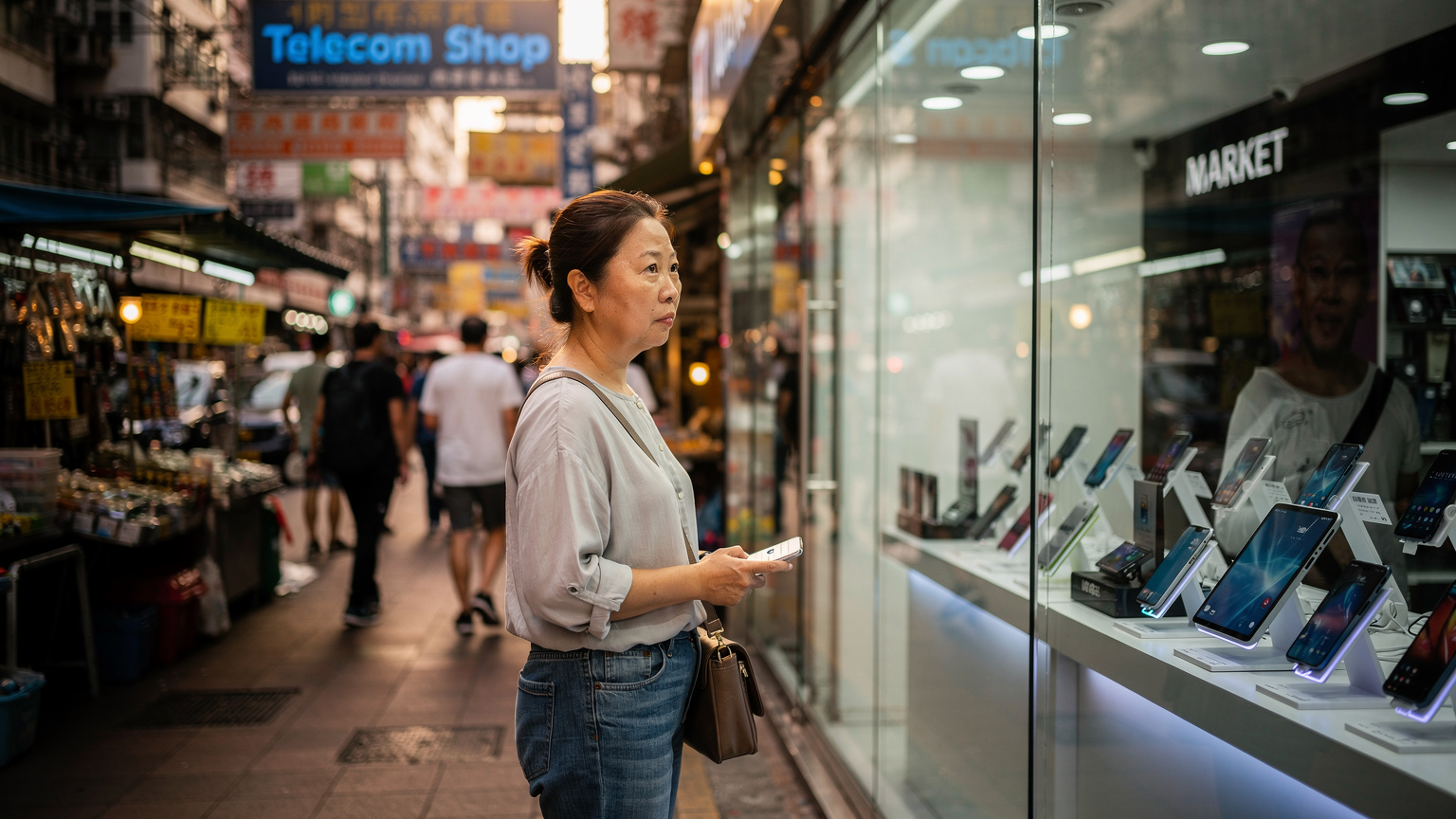 一位媽媽在香港旺角街頭，看著一家電訊商門店的海報，臉上帶著一絲猶豫，考慮是否進去諮詢預付卡。