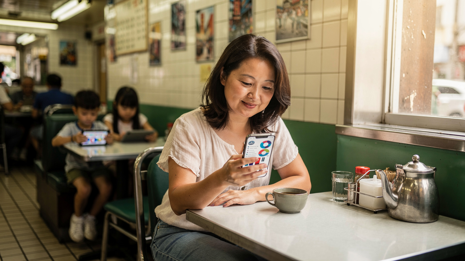 一位媽媽在香港一家傳統茶餐廳裡，背景是孩子們在玩平板電腦，媽媽正在專注地查看手機上的eSIM流量使用情況，臉上帶著滿意的微笑。