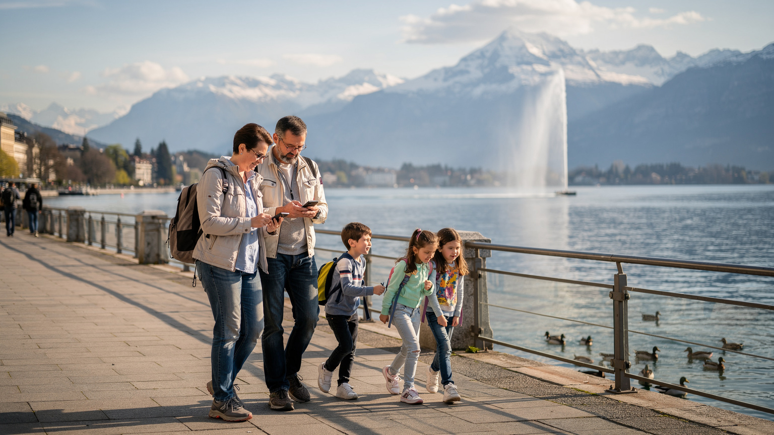 O familie de români, cu doi copii, se plimbă pe malul Lacului Geneva, cu munții Alpi în fundal, în timp ce părinții verifică hărțile pe telefon.