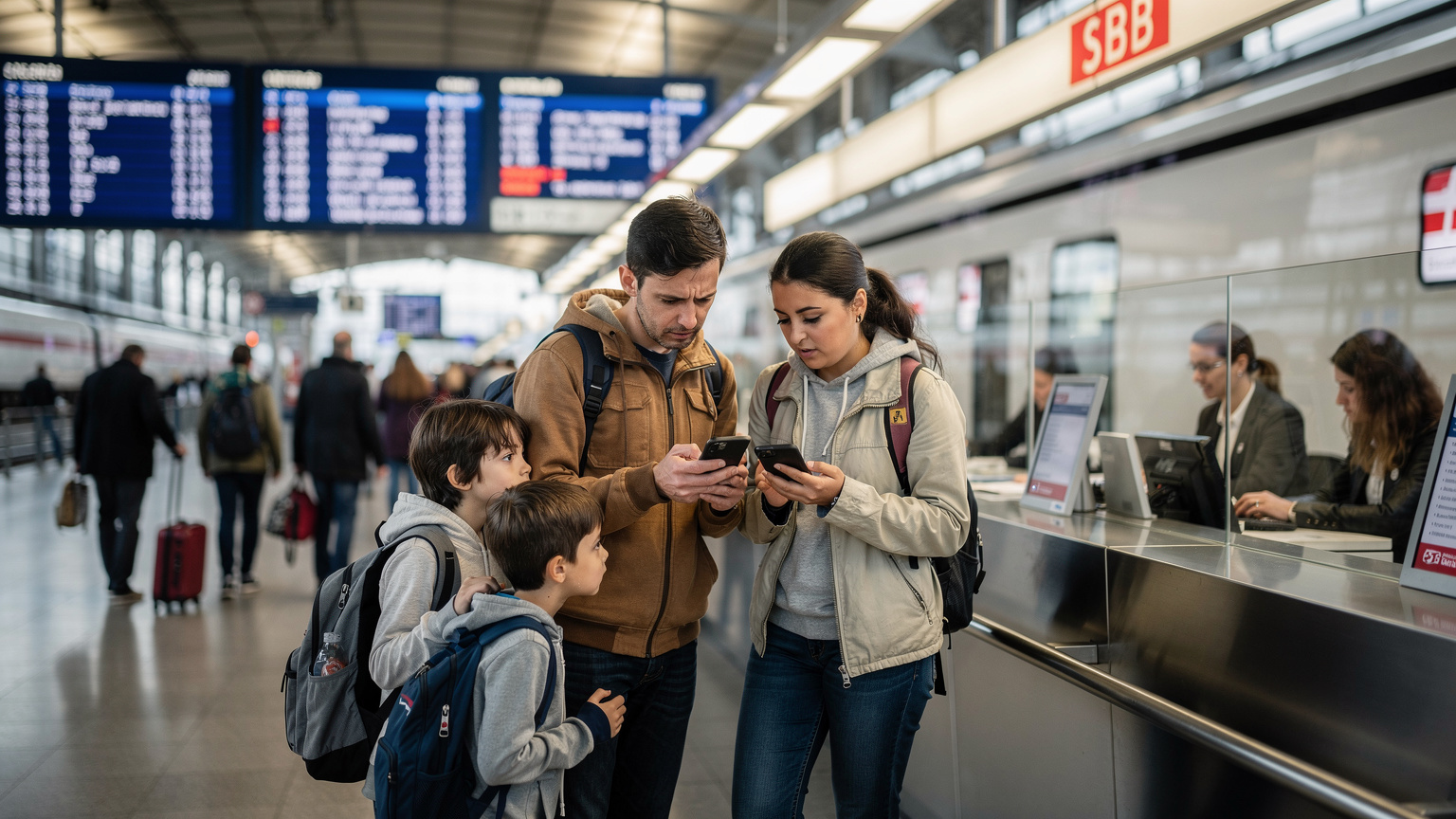 O familie de turiști români stă la coadă la un ghișeu de bilete SBB într-o gară elvețiană aglomerată, uitându-se la telefoanele lor cu un aer ușor confuz.