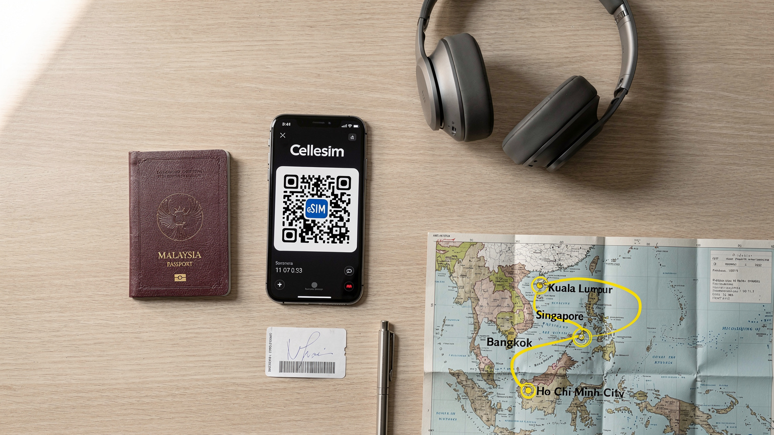 Pandangan atas sebuah meja kerja dengan pasport Malaysia, telefon pintar yang memaparkan kod QR eSIM, fon kepala, dan peta fizikal yang ditandakan, menunjukkan persediaan perjalanan.