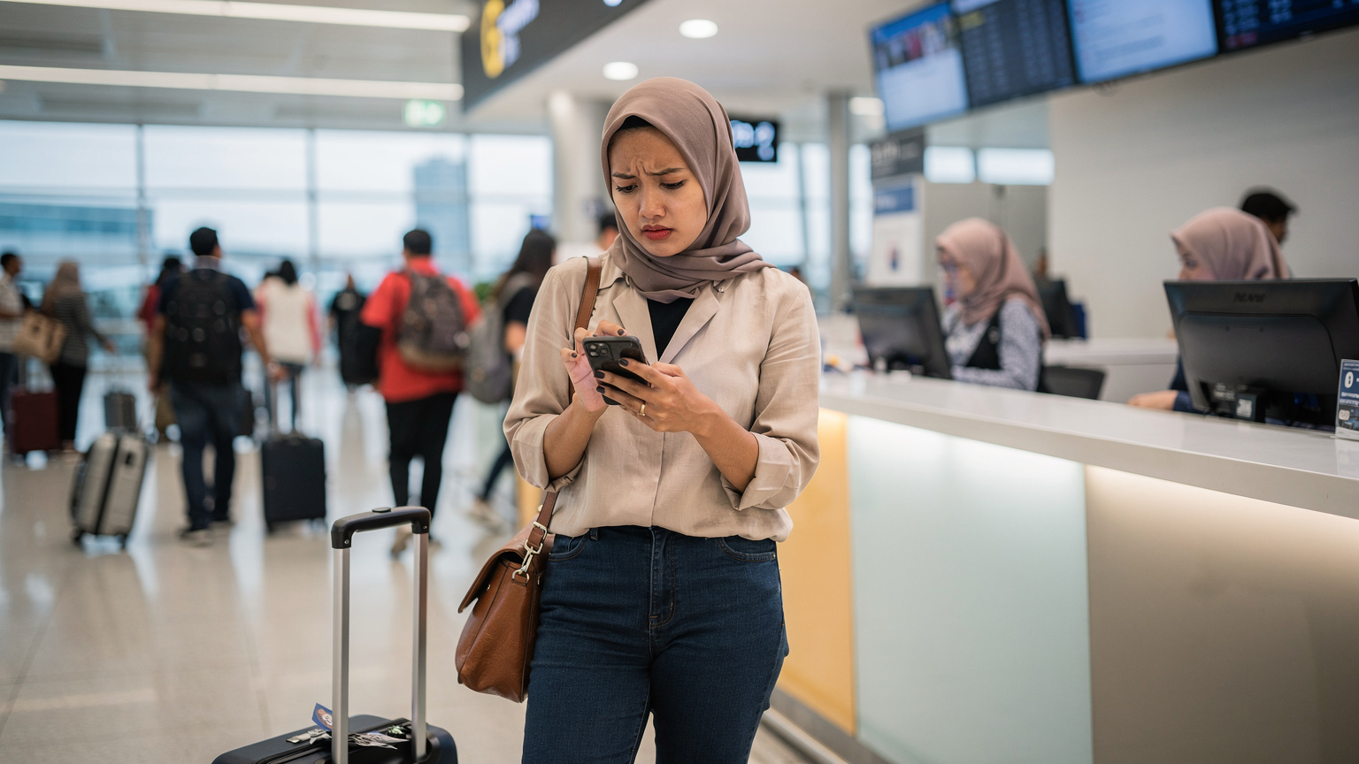 Seorang pengembara wanita Malaysia sedang melihat telefon pintarnya dengan ekspresi bimbang di kaunter perkhidmatan pelanggan lapangan terbang yang sibuk, mungkin menghadapi isu sambungan data.