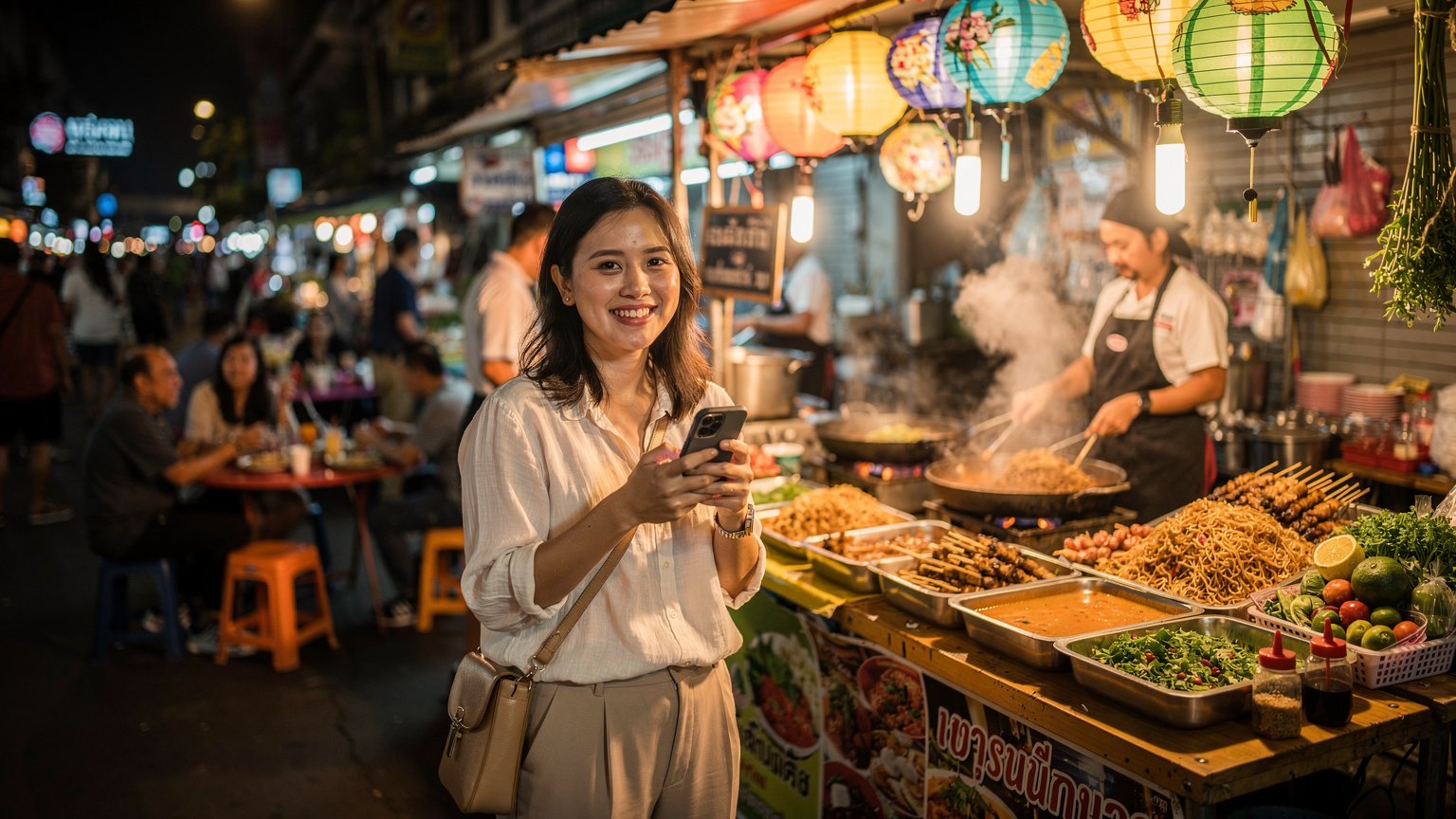 Seorang wanita muda Malaysia sedang tersenyum sambil memegang telefonnya di hadapan gerai makanan jalanan yang meriah di Thailand, dengan hidangan tempatan dan orang ramai di latar belakang.