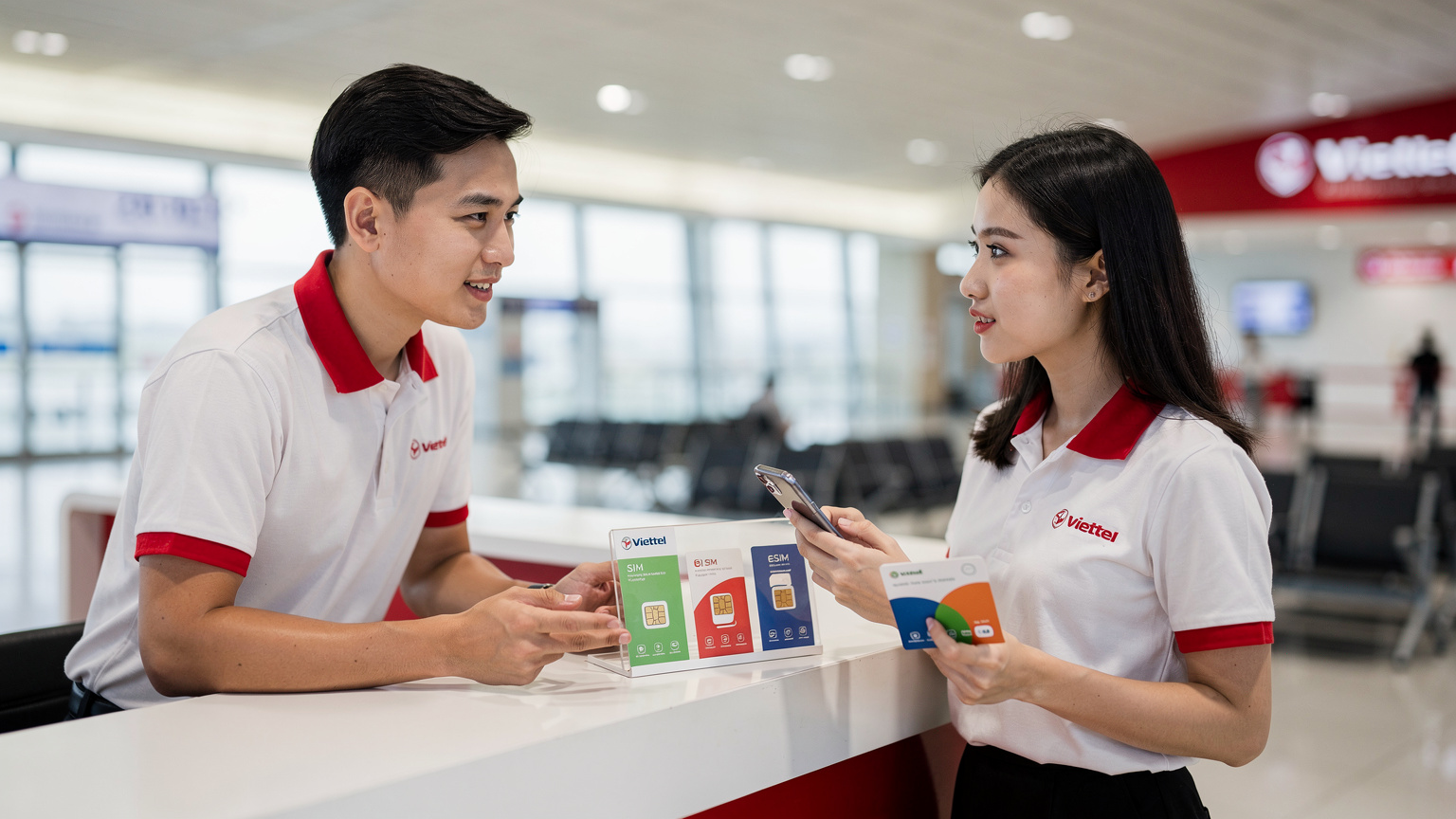 Một phụ nữ Việt Nam trẻ tuổi đang đứng tại quầy dịch vụ khách hàng của Viettel tại sân bay, cầm điện thoại và hỏi nhân viên về các gói eSIM quốc tế.