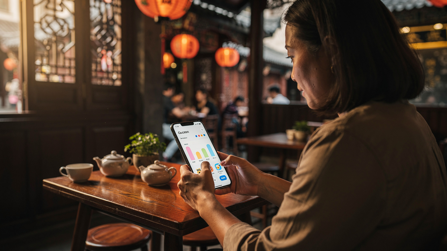 Một phụ huynh Việt Nam kiểm tra cài đặt Screen Time trên điện thoại tại quán cà phê ở khu phố cổ Thượng Hải.