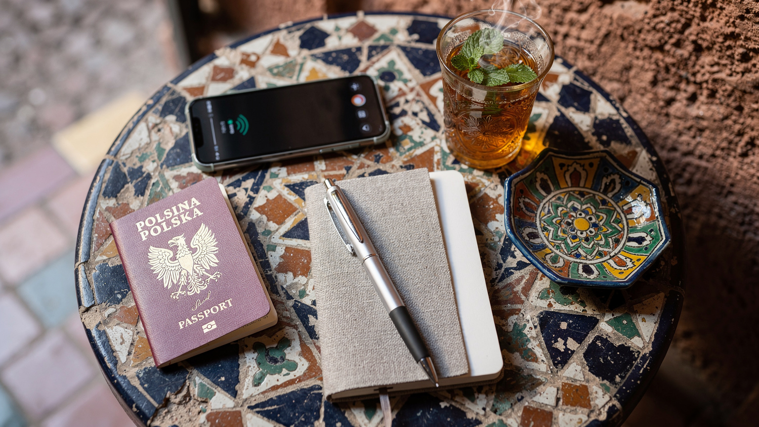 Zestawienie podróżne na stoliku kawiarnianym w Maroku: paszport, telefon z widoczną ikoną zasięgu, miętowa herbata, kawałek marokańskiej ceramiki i notes, sugerujące moment planowania podróży.