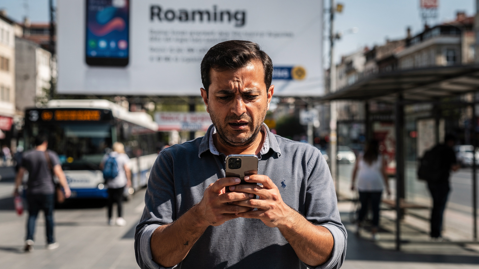 O persoană afișând o expresie îngrijorată, privind ecranul telefonului mobil, pe fundalul unui afiș mare cu o reclamă la roaming, într-un mediu urban aglomerat din Turcia, pentru a ilustra frustrarea costurilor neașteptate.
