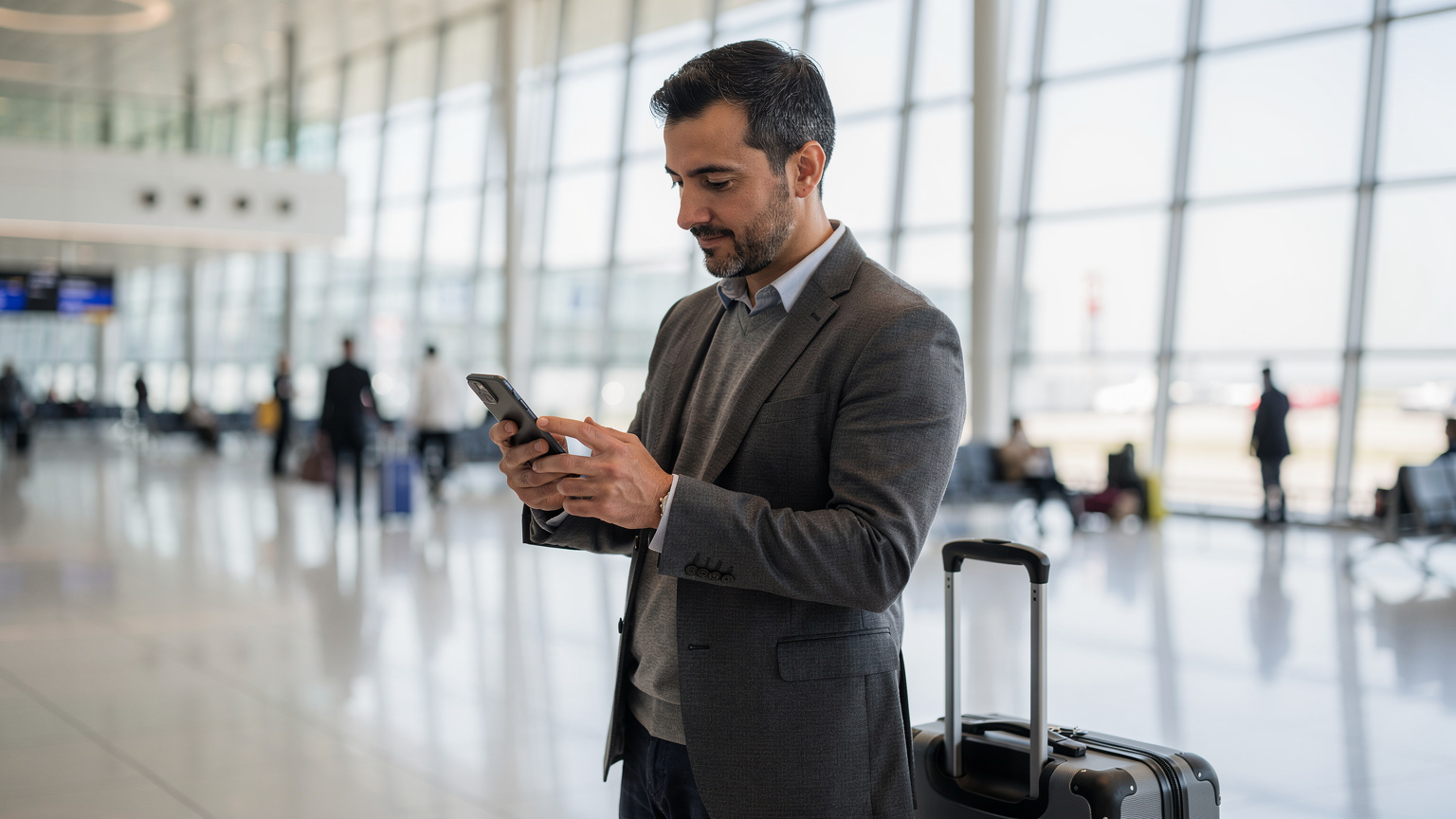 O ilustrație clară a unei persoane care își activează un eSIM pe telefon într-un terminal de aeroport modern și luminos din Istanbul, cu bagaje lângă ei.