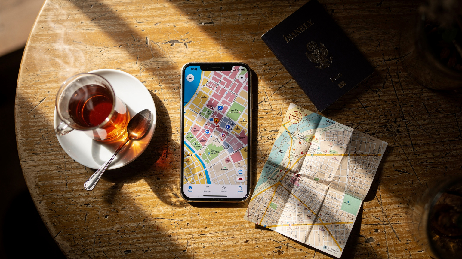 O ilustrație a unui telefon mobil pe o masă de cafenea din Üsküdar, Istanbul, cu o hartă a orașului și un pahar de ceai turcesc alături, sugerând planificarea călătoriei și conectivitatea.