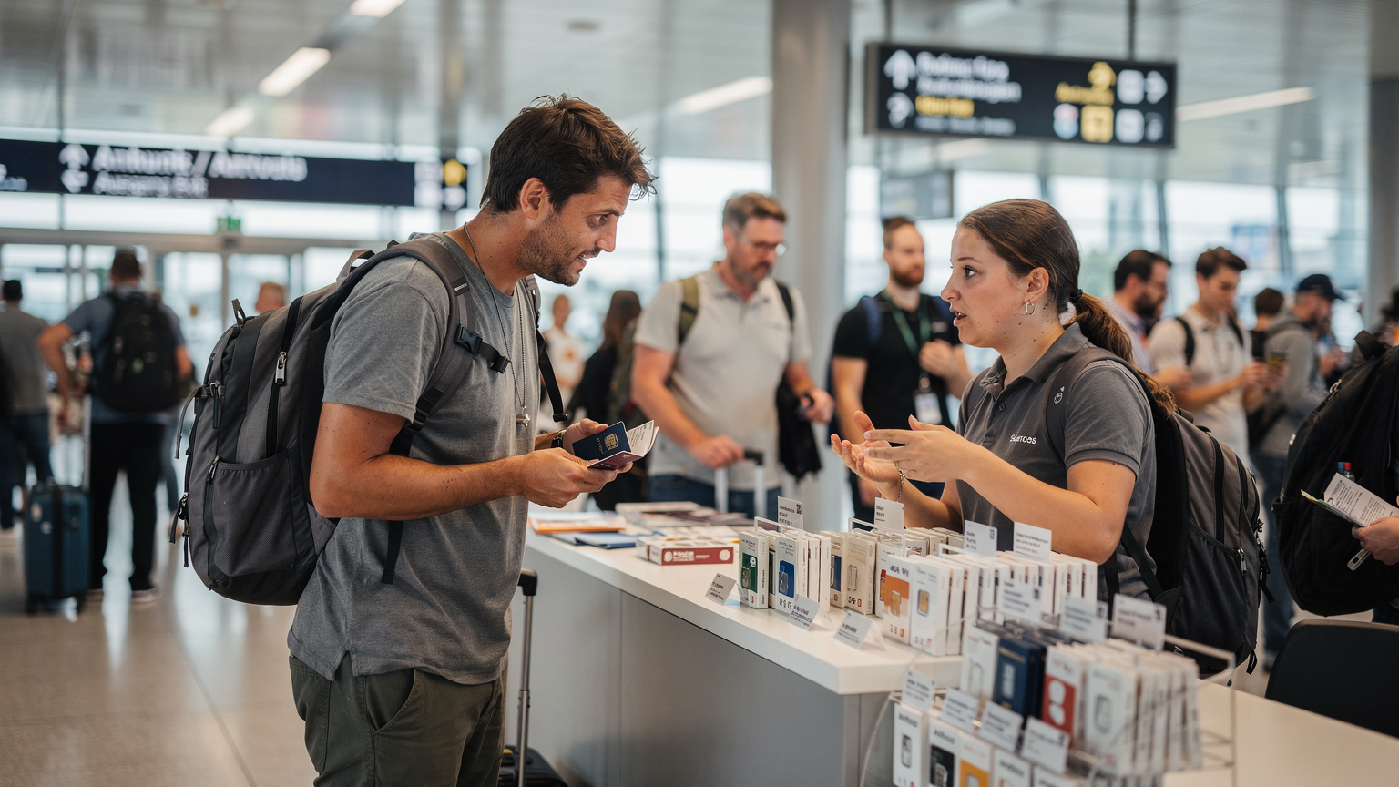 Eine Person versucht, eine physische SIM-Karte an einem überfüllten Flughafen-Kiosk in Zürich zu kaufen, umgeben von Koffern und Menschen, die Schlange stehen.