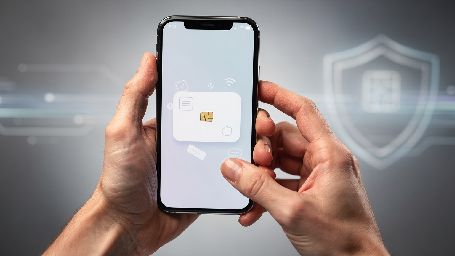 Eine detaillierte Ansicht eines Smartphones, das eine eSIM-Profilinstallation anzeigt, mit einem unscharfen Hintergrund, der Datenschutzsymbole und digitale Sicherheitsmerkmale andeutet. Die Hände, die das Telefon halten, sind deutlich sichtbar.