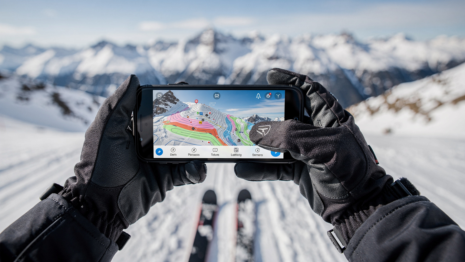 Nahaufnahme von Händen, die ein Smartphone halten, auf dem eine Pistenkarte oder eine Wetter-App angezeigt wird. Im Hintergrund verschwimmen Skier und eine verschneite Berglandschaft.