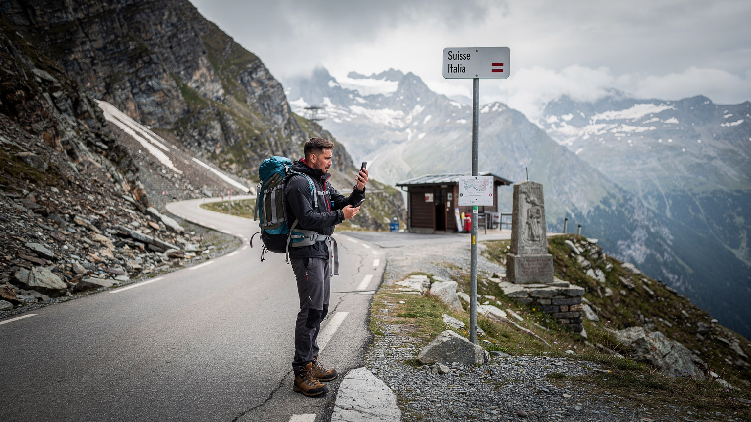 Ein Reisender steht an einer unscheinbaren, aber deutlich gekennzeichneten Grenze zwischen der Schweiz und Italien in den Alpen, sein Smartphone in der Hand, um das Netz zu überprüfen. Im Hintergrund sind Bergpässe und ein kleiner Zollposten zu sehen.