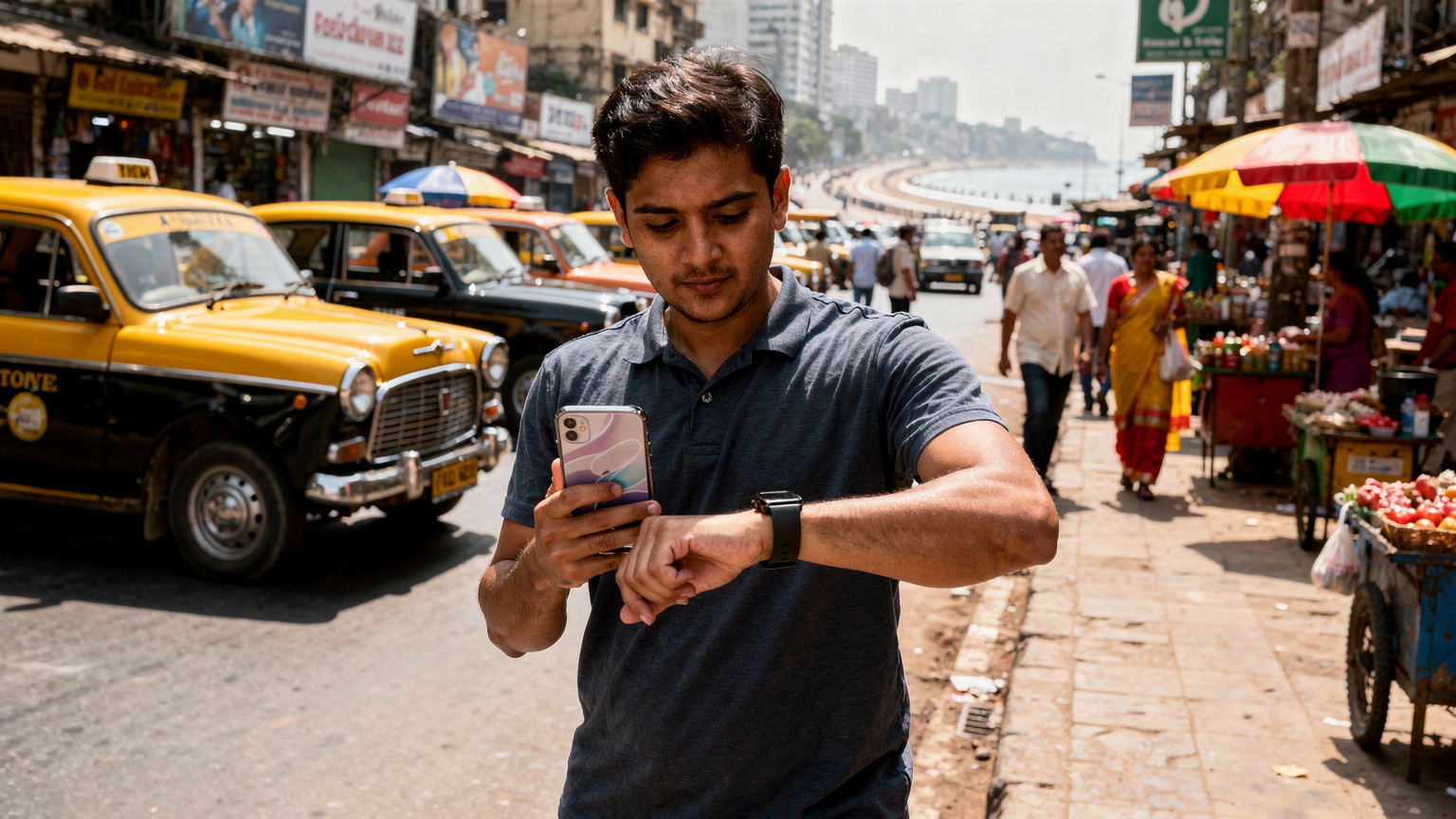 मुंबई की एक व्यस्त सड़क पर एक व्यक्ति अपने iPhone पर eSIM के साथ अपनी स्मार्टवॉच का उपयोग कर रहा है, जो कनेक्टेड डिवाइसेज के भविष्य को दर्शाता है, उसके पीछे एक टैक्सी और लोग दिख रहे हैं।