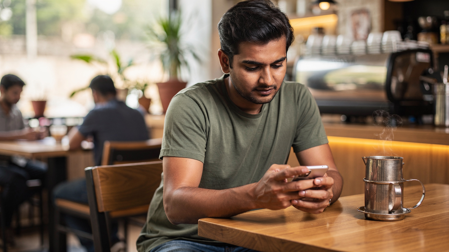 बेंगलुरु के एक व्यस्त कैफे में एक व्यक्ति अपने iPhone पर eSIM कंपैटिबिलिटी चेक कर रहा है, उसके हाथ में एक कप कॉफी है।