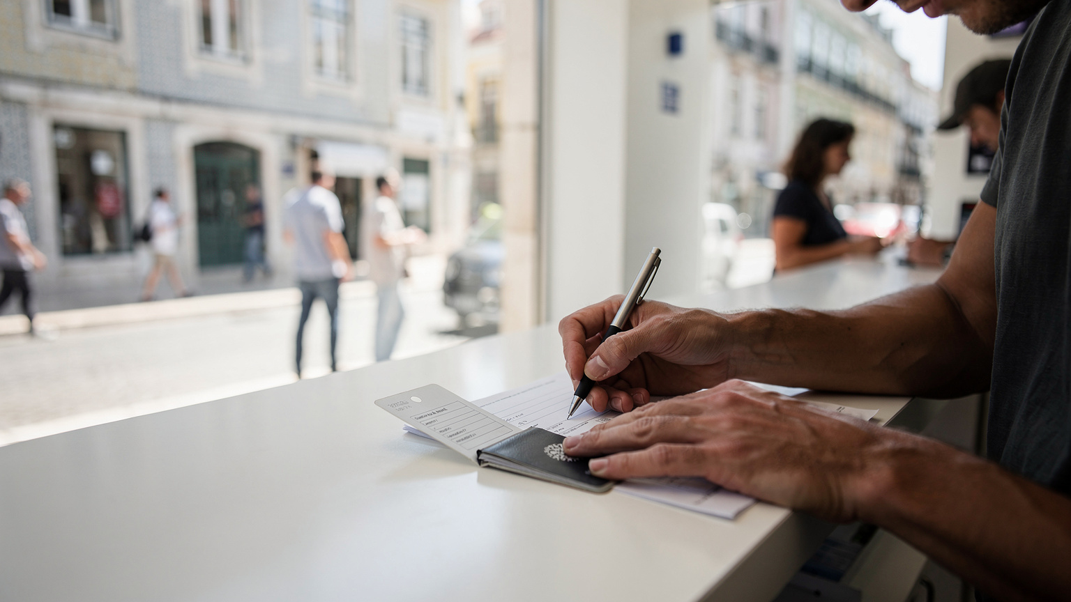 Um viajante a preencher um formulário com o passaporte numa loja de operadora em Lisboa, com a agitação da rua visível ao fundo, mostrando a burocracia envolvida na aquisição de um SIM físico ou eSIM local.