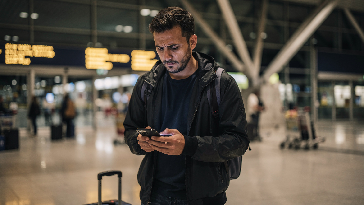 Um viajante, com um semblante de frustração, a olhar para o telemóvel à chegada ao Aeroporto de Lisboa, com as luzes desfocadas do terminal ao fundo, simbolizando a preocupação com a conectividade imediata.
