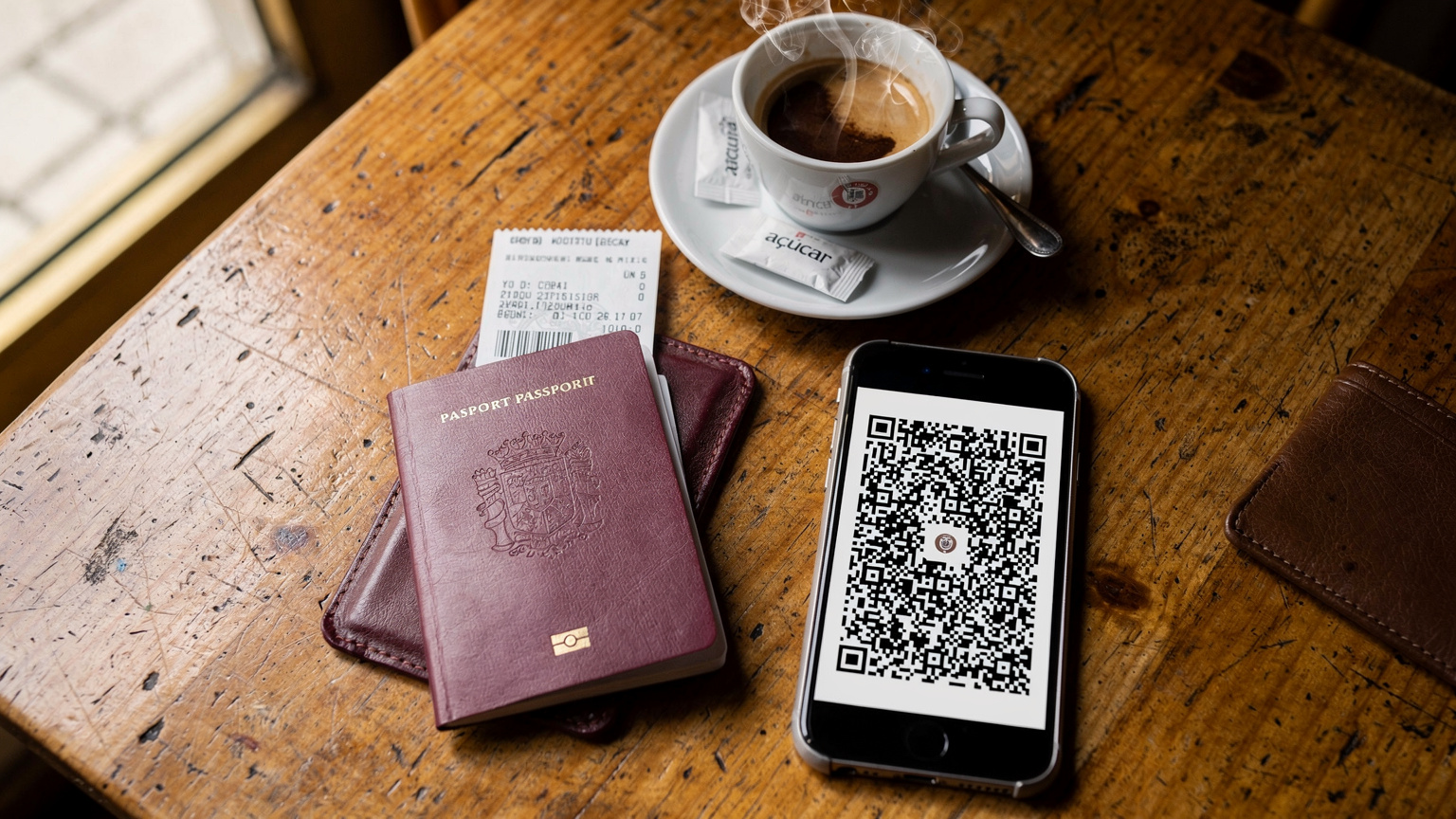Uma mesa de café com um passaporte, um telemóvel com um QR code de eSIM na tela e uma chávena de café, sugerindo a facilidade de ativar um eSIM de viagem antes de iniciar a jornada.