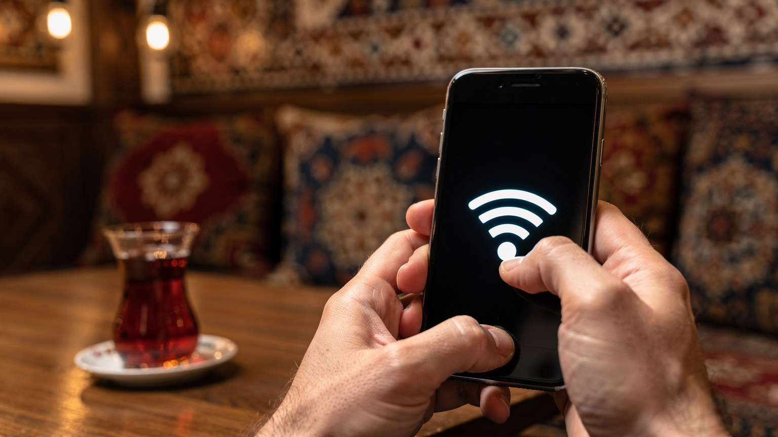Крупный план рук, нажимающих на иконку Wi-Fi на экране смартфона, с размытым фоном уютного кафе в турецком стиле.