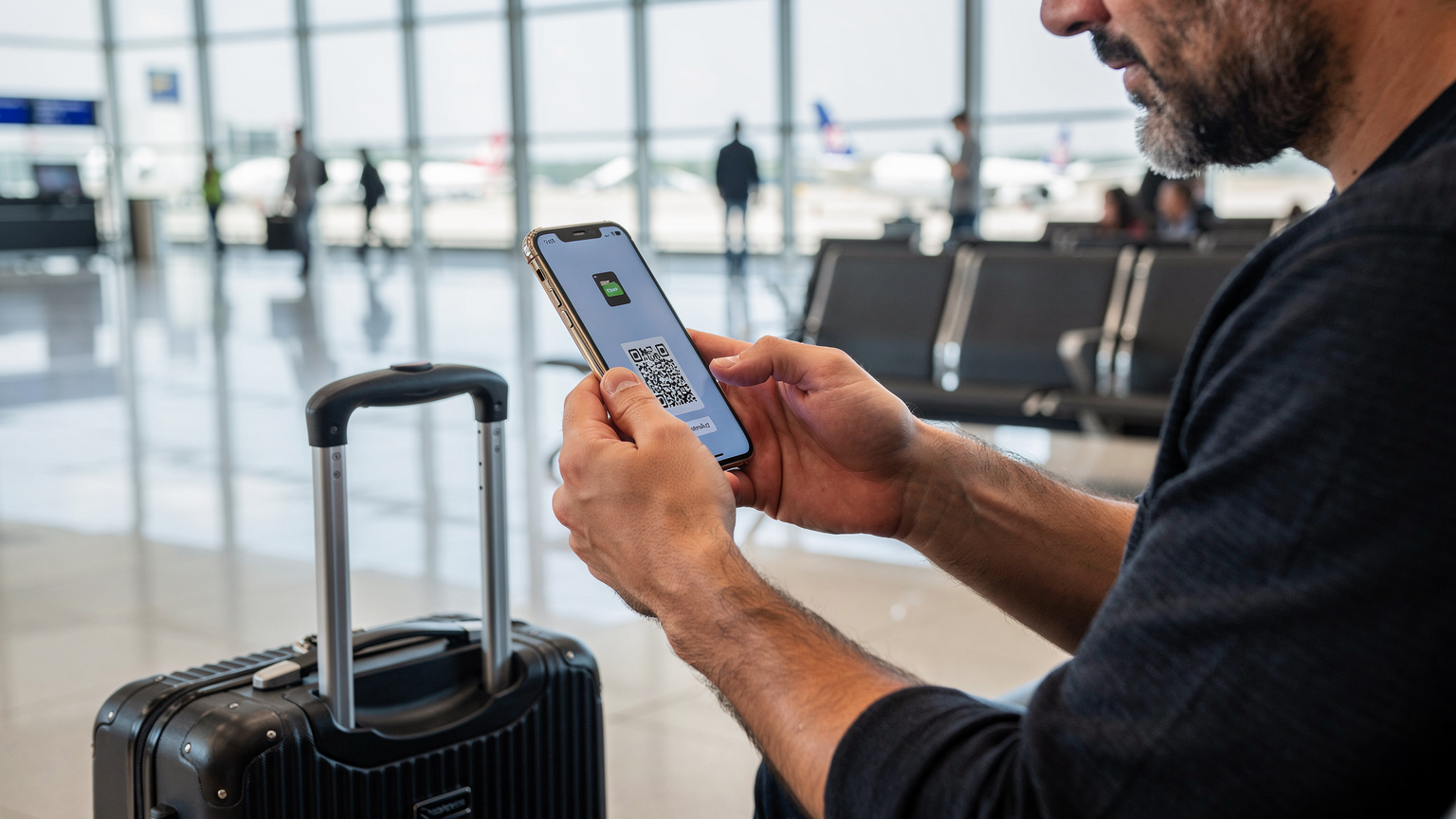 Путешественник сканирует QR-код eSIM на своем смартфоне в аэропорту Стамбула, готовясь к выходу.