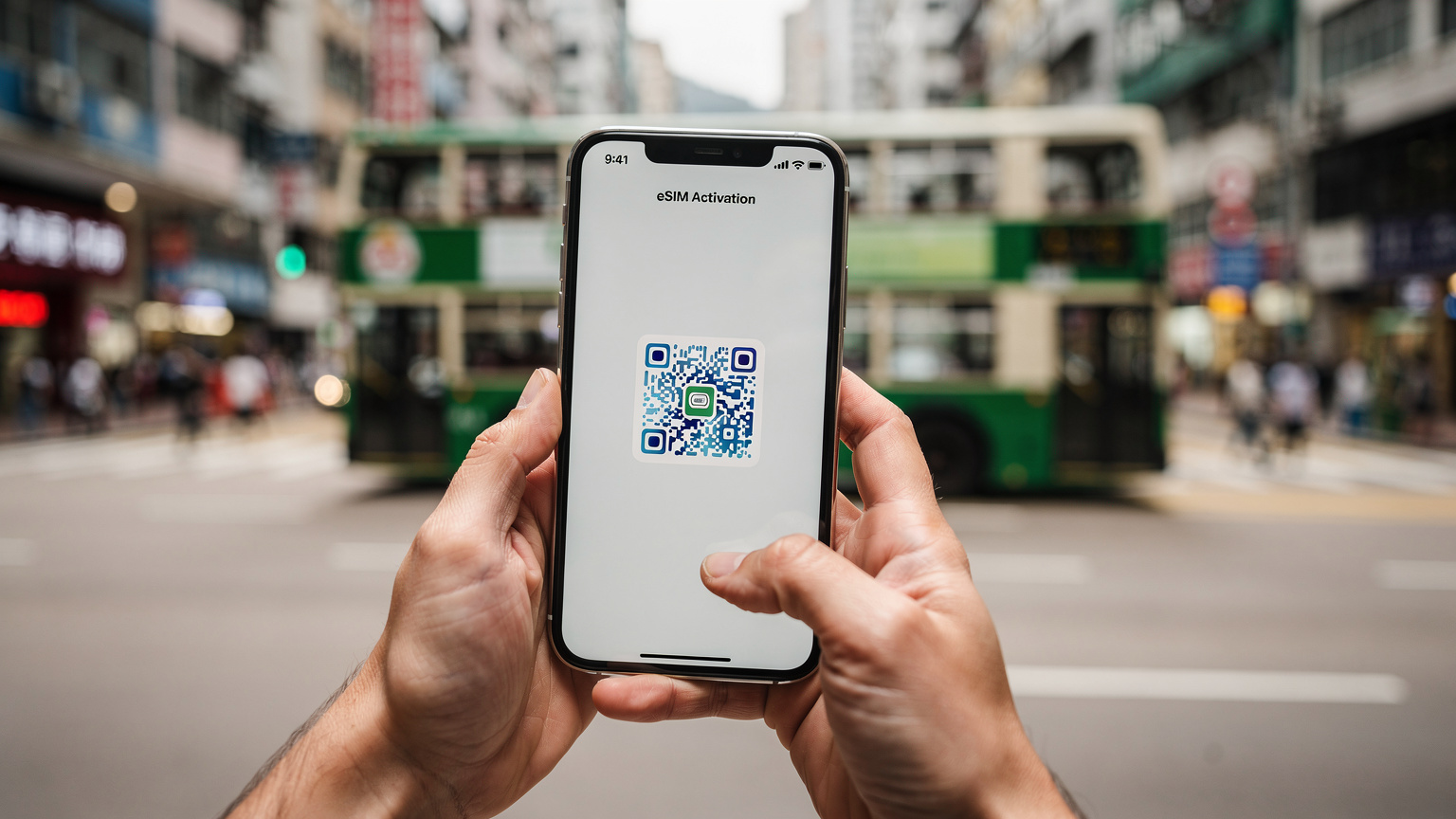 一雙手正輕輕持著iPhone, 屏幕上顯示著eSIM的QR Code掃描界面, 背景是模糊的香港街景和電車。